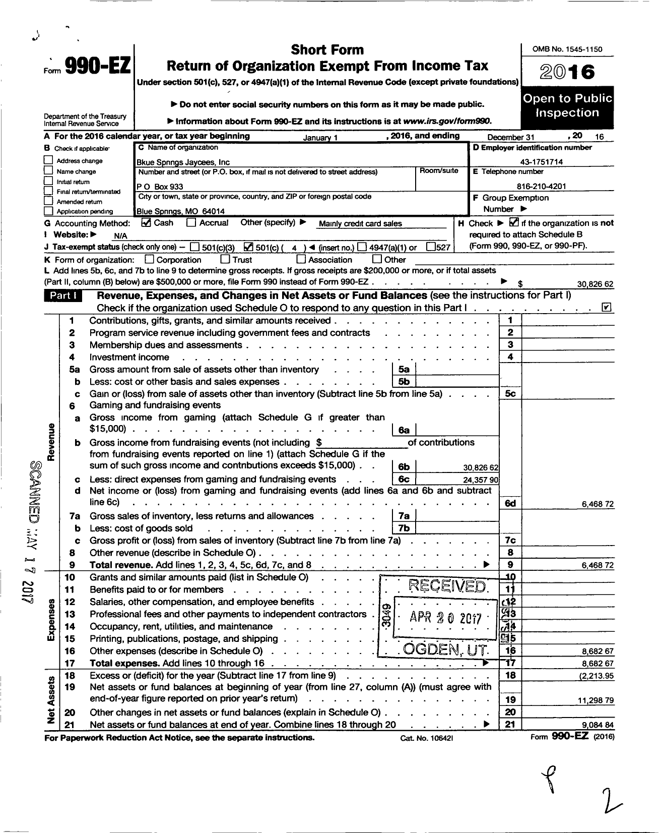 Image of first page of 2016 Form 990EO for Missouri Jaycees Blue Springs JR Chamber of Commerc - Blue Springs Jaycees 0096