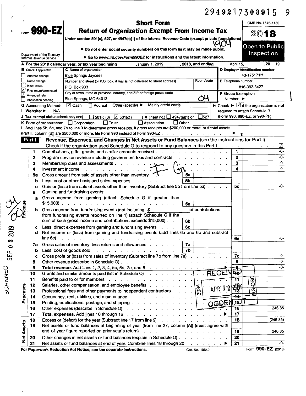 Image of first page of 2018 Form 990EO for Missouri Jaycees Blue Springs JR Chamber of Commerc - Blue Springs Jaycees 0096