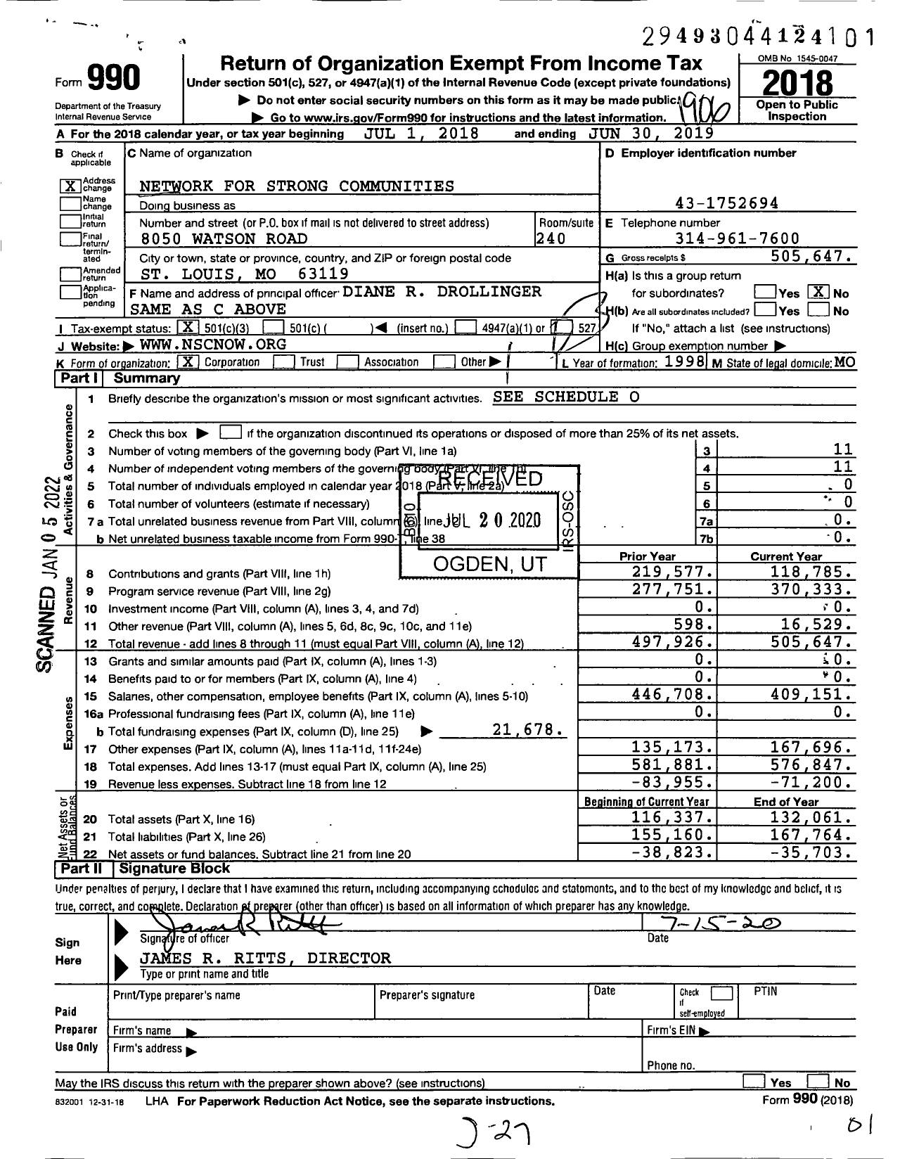 Image of first page of 2018 Form 990 for Network for Strong Communities