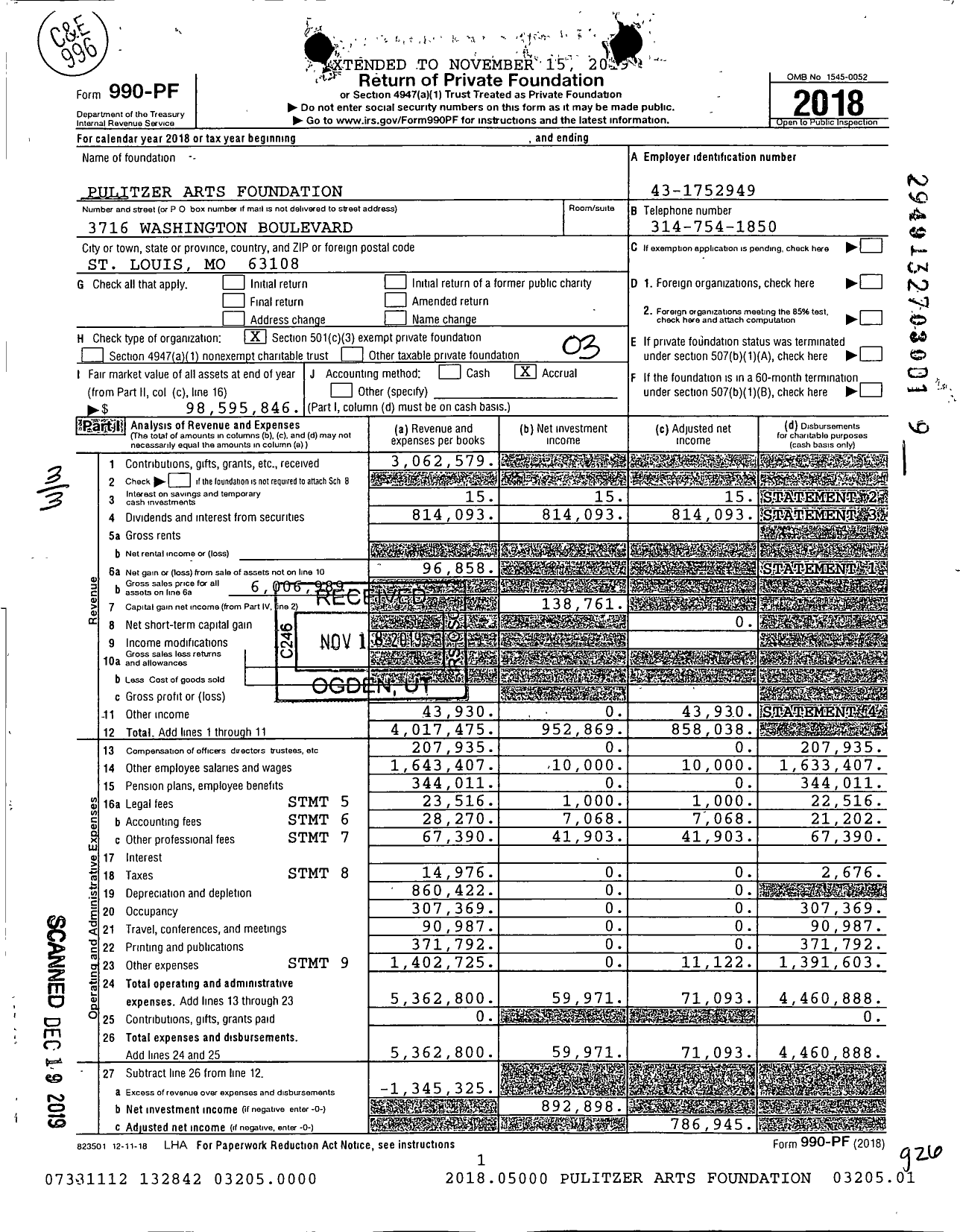 Image of first page of 2018 Form 990PF for Pulitzer Arts Foundation