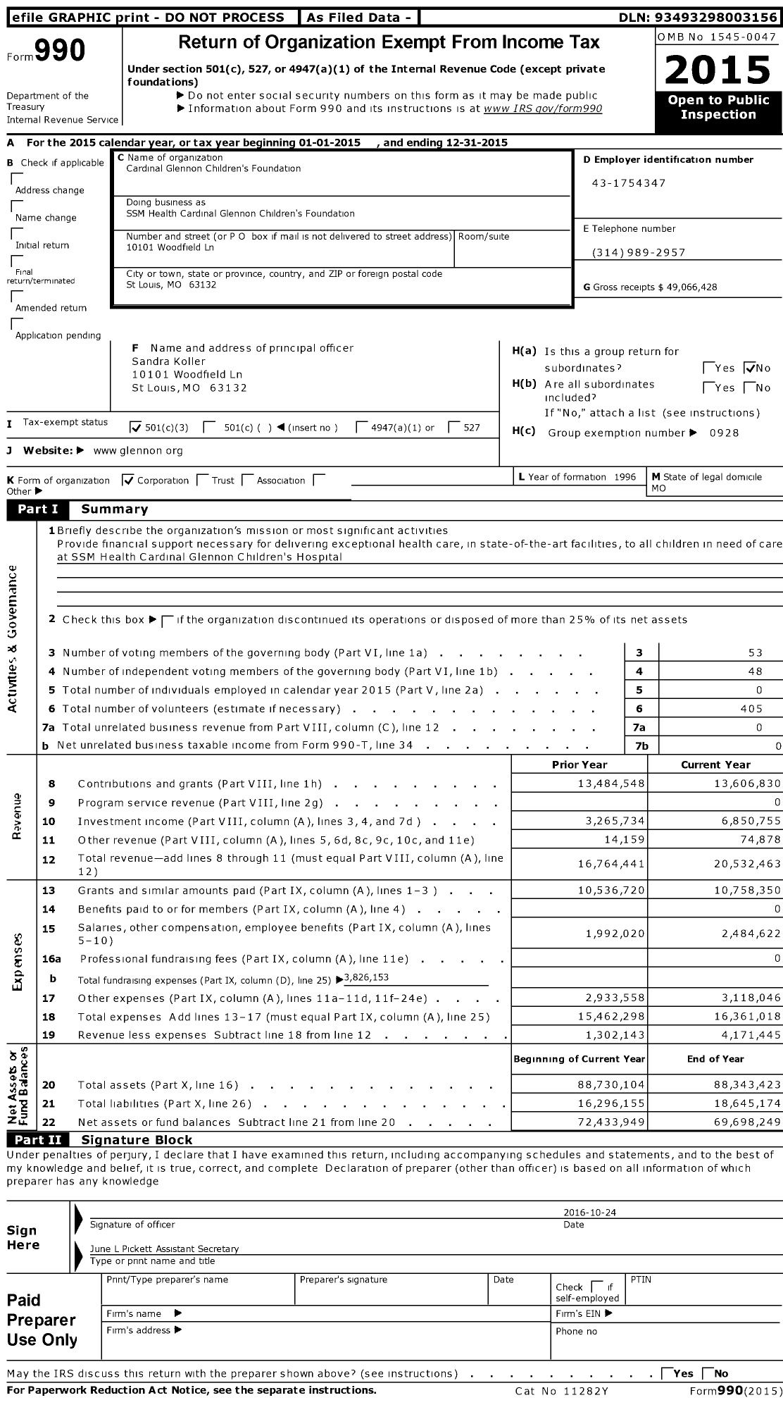 Image of first page of 2015 Form 990 for SSM Health Cardinal Glennon Children's Foundation