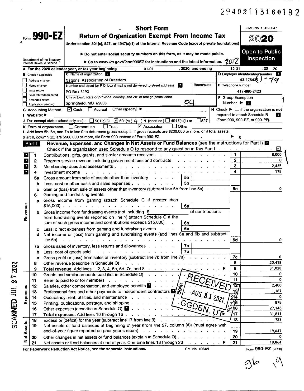 Image of first page of 2020 Form 990EO for National Association of Breeders
