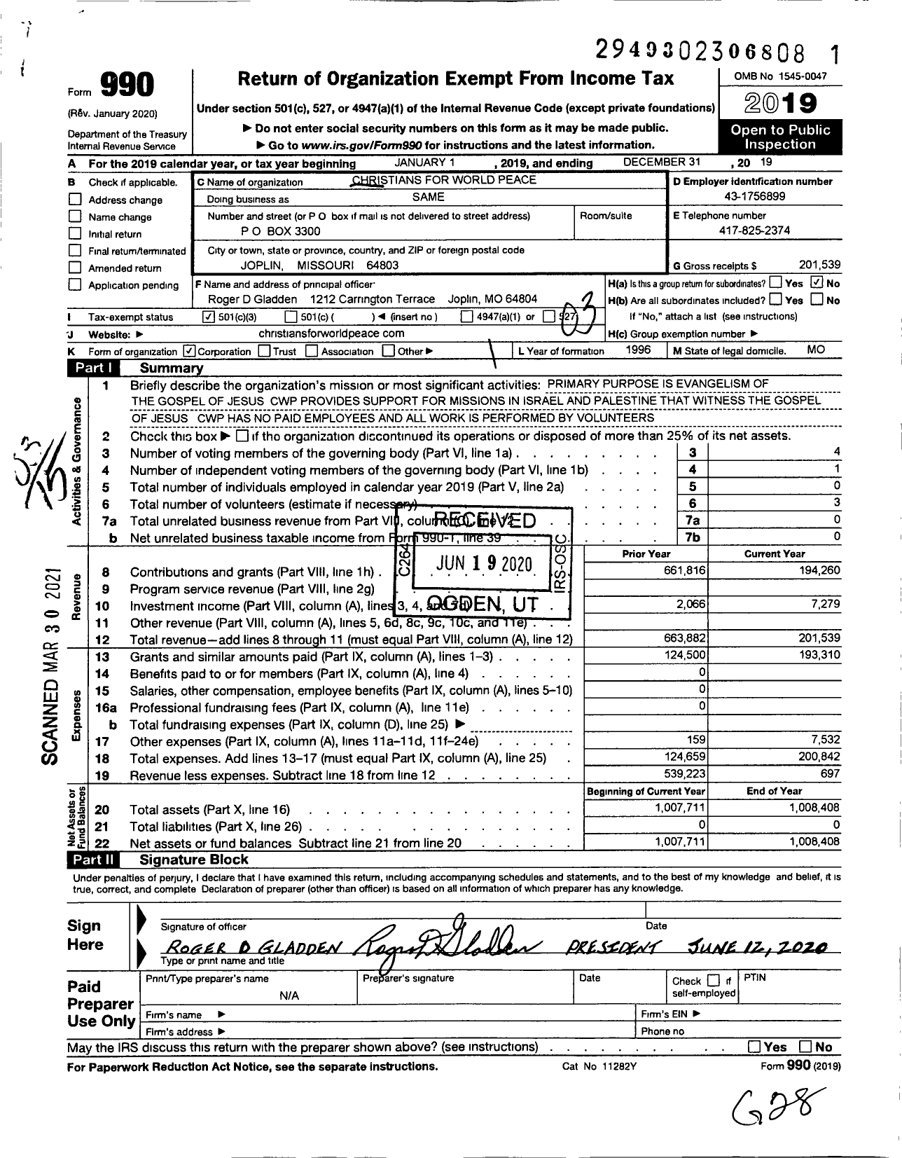 Image of first page of 2019 Form 990 for Christians For World Peace Christians For World Peace