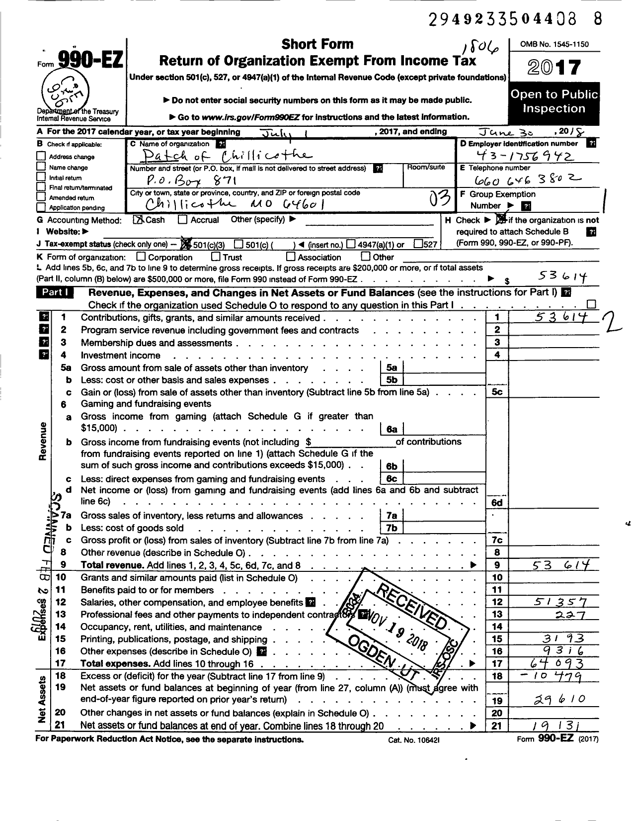 Image of first page of 2017 Form 990EZ for Patch of Chillicothe