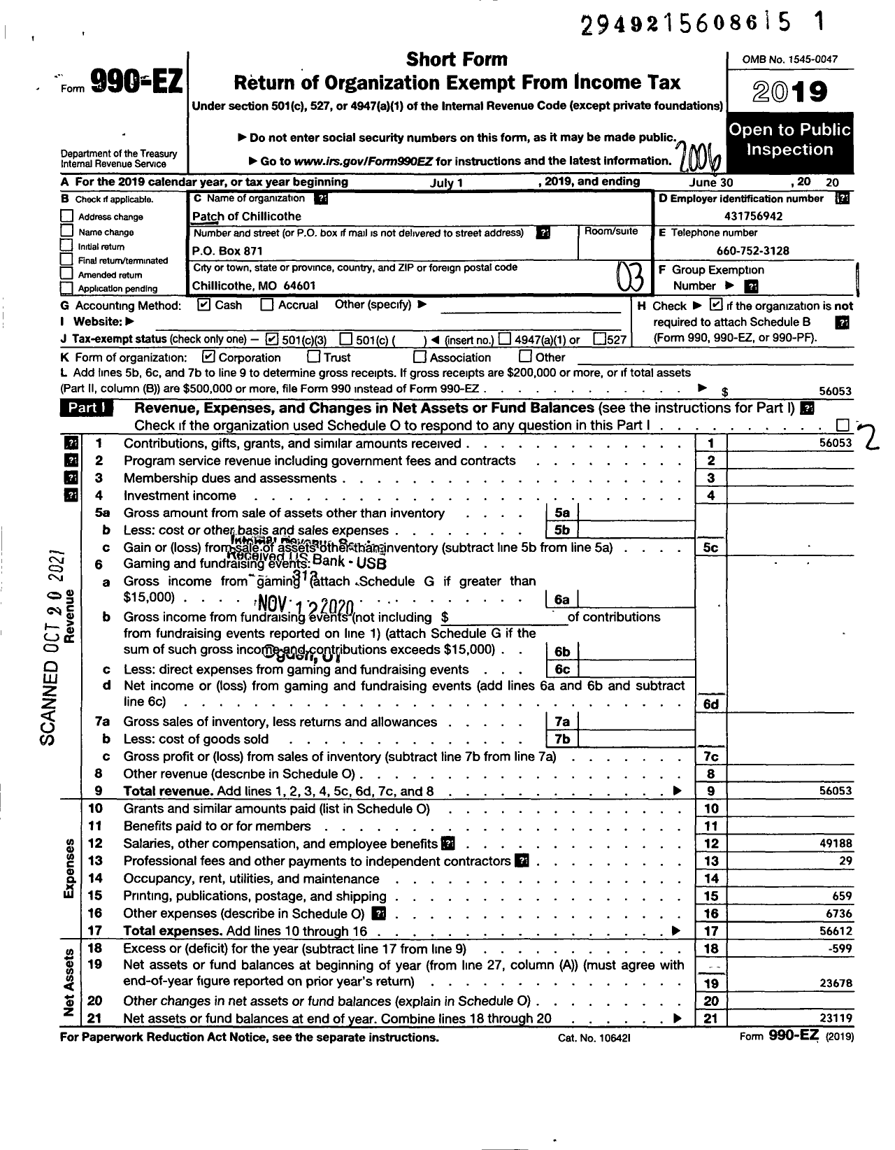 Image of first page of 2019 Form 990EZ for Patch of Chillicothe