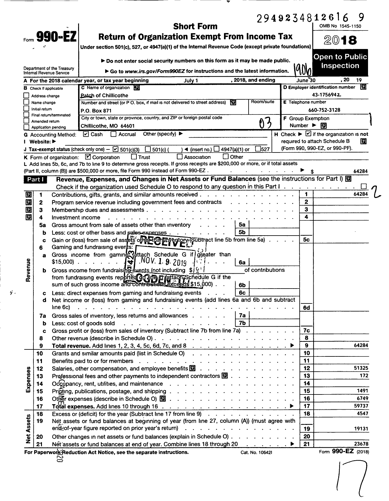 Image of first page of 2018 Form 990EZ for Patch of Chillicothe