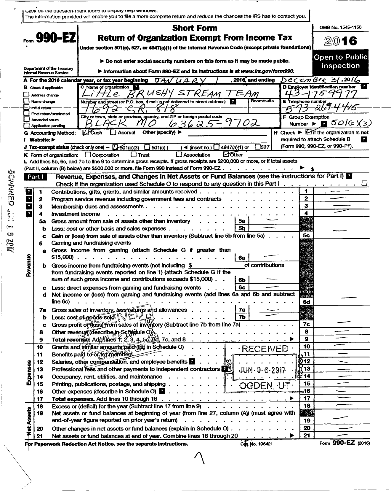 Image of first page of 2016 Form 990EZ for Little Brushy Stream Team