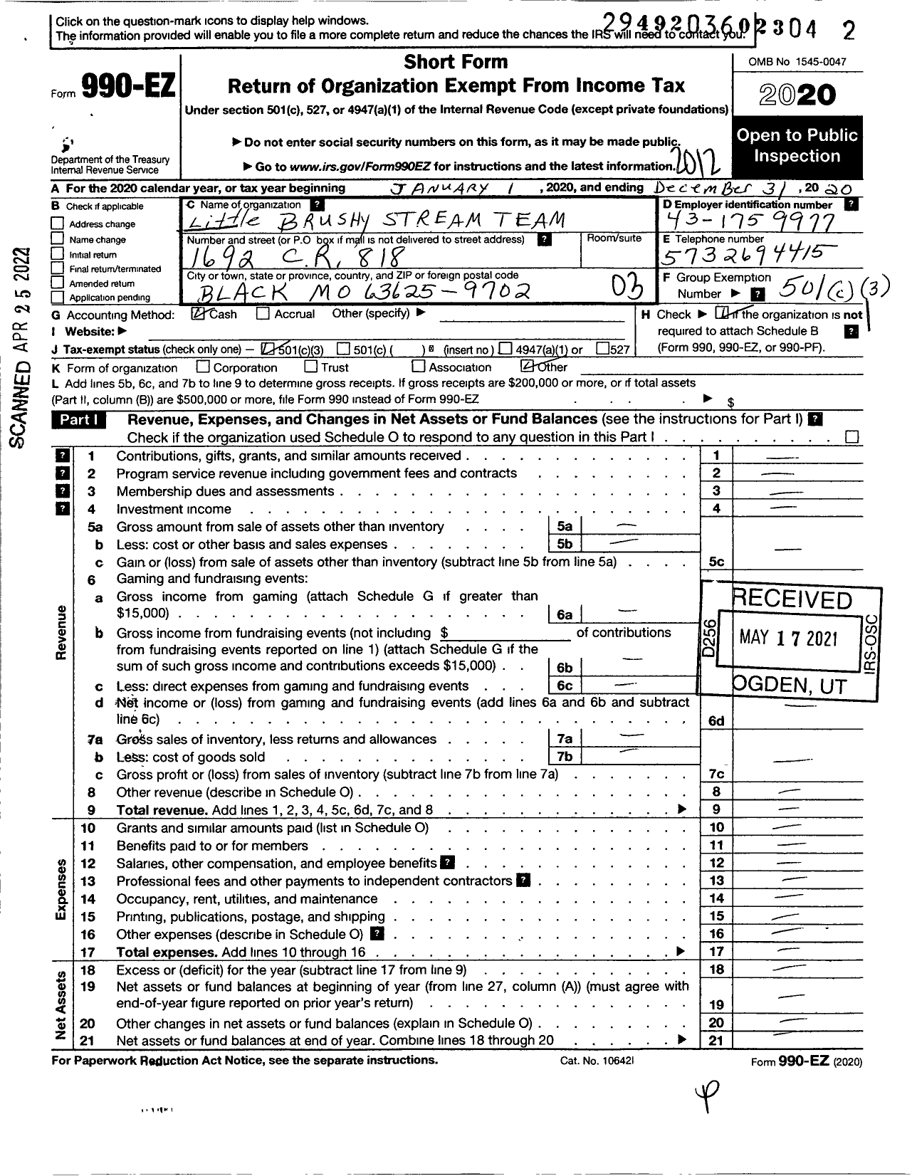 Image of first page of 2020 Form 990EZ for Little Brushy Stream Team