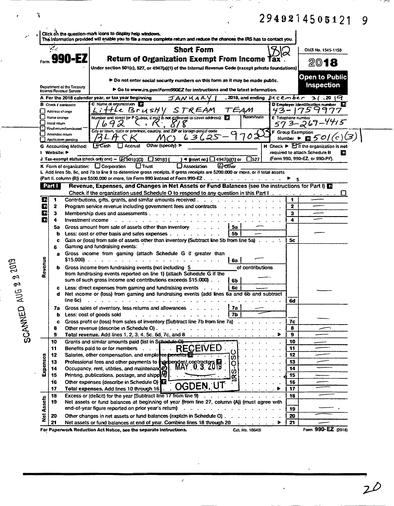 Image of first page of 2018 Form 990EZ for Little Brushy Stream Team