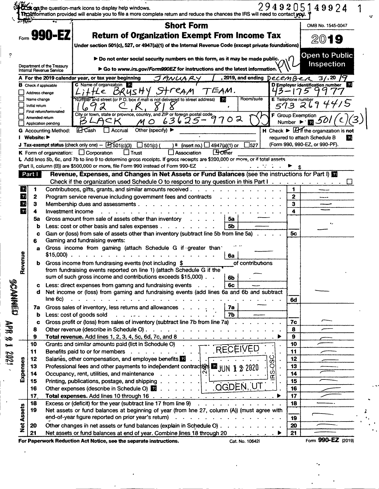 Image of first page of 2019 Form 990EZ for Little Brushy Stream Team