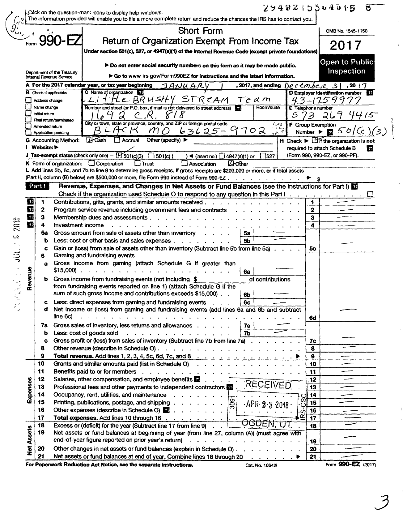 Image of first page of 2017 Form 990EZ for Little Brushy Stream Team