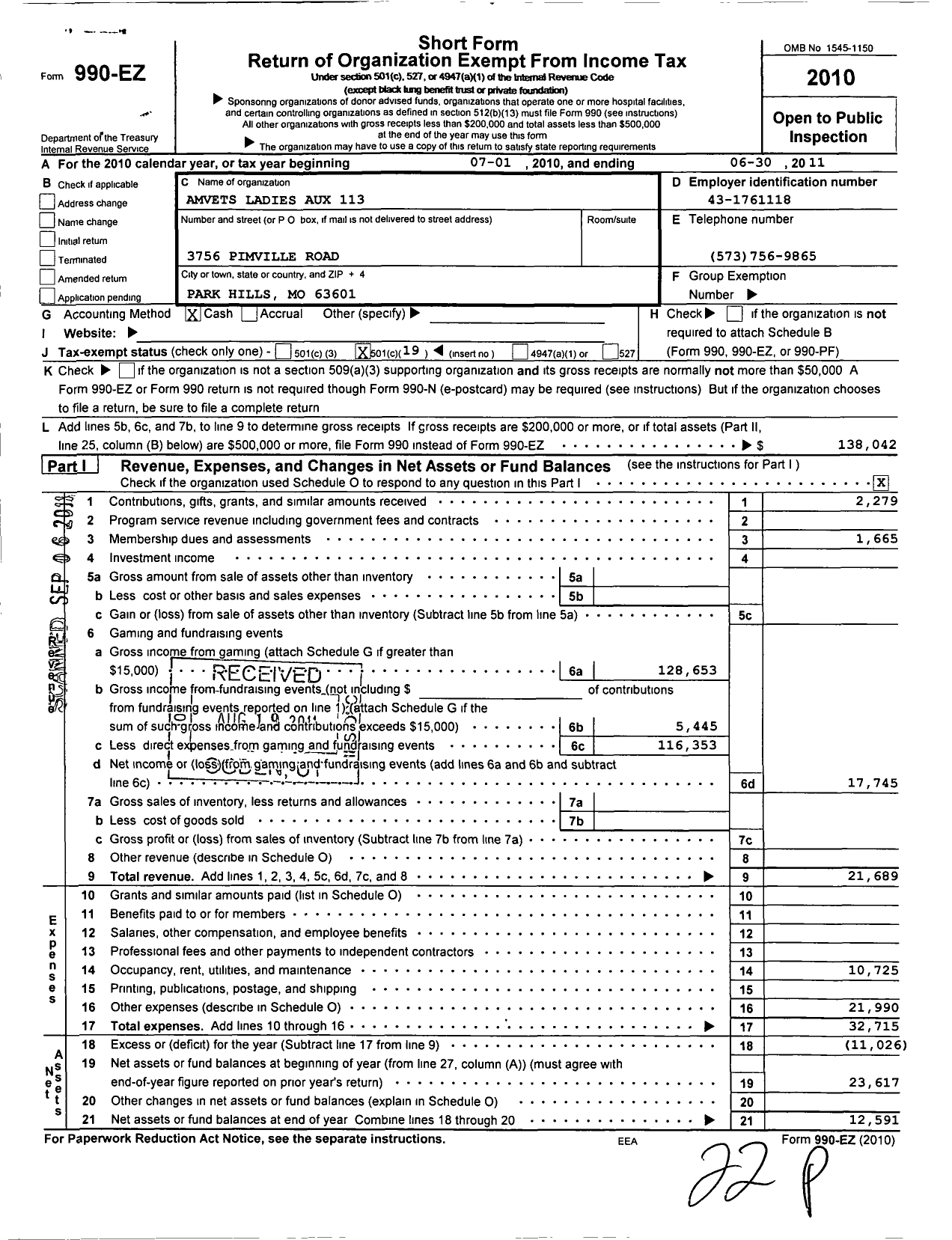 Image of first page of 2010 Form 990EO for Amvets - 113