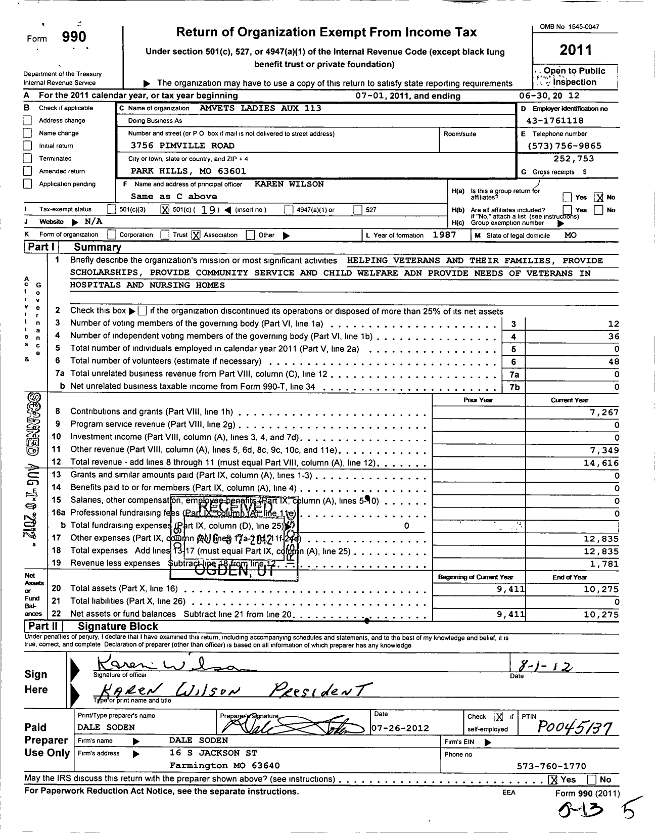 Image of first page of 2011 Form 990O for Amvets - 113