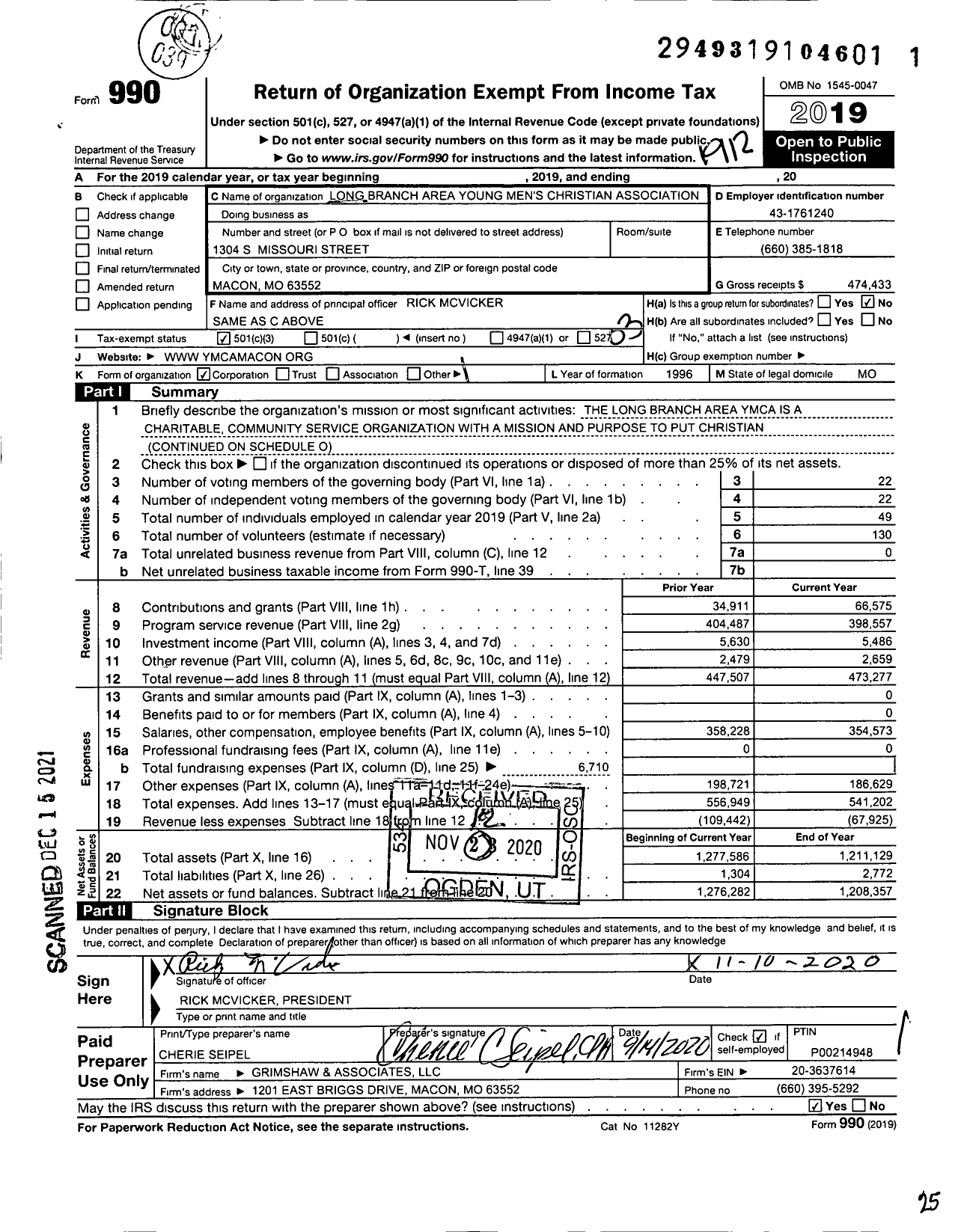 Image of first page of 2019 Form 990 for Long Branch Area Young Men's Christian Association