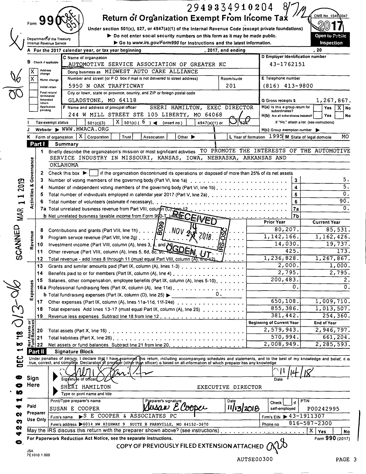 Image of first page of 2017 Form 990O for Midwest Auto Care Alliance