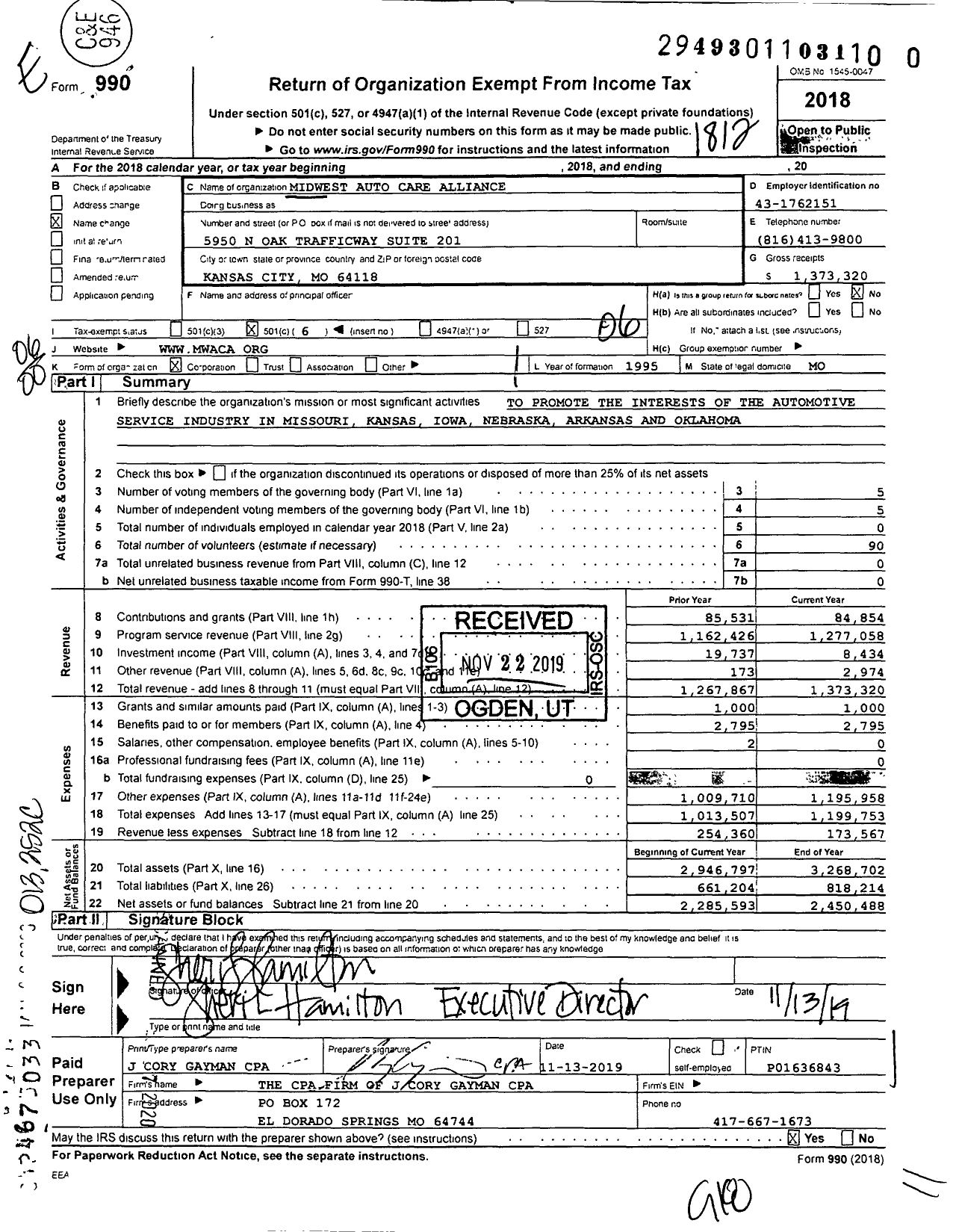 Image of first page of 2018 Form 990O for Midwest Auto Care Alliance