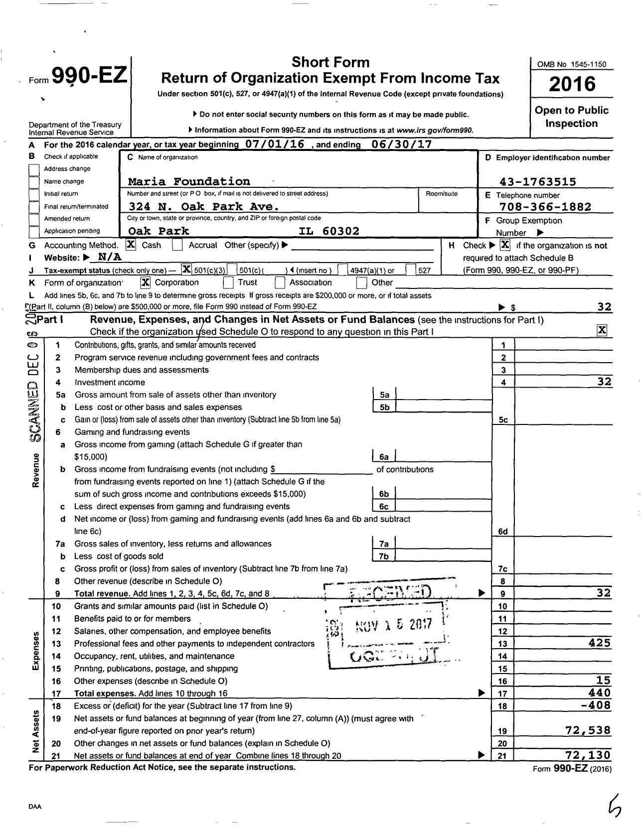 Image of first page of 2016 Form 990EZ for Maria Foundation