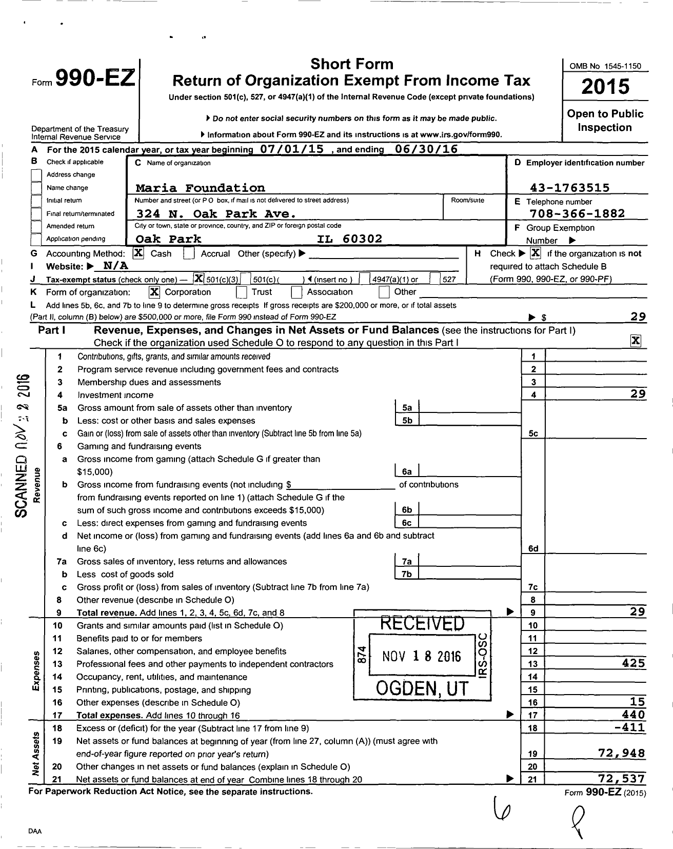 Image of first page of 2015 Form 990EZ for Maria Foundation