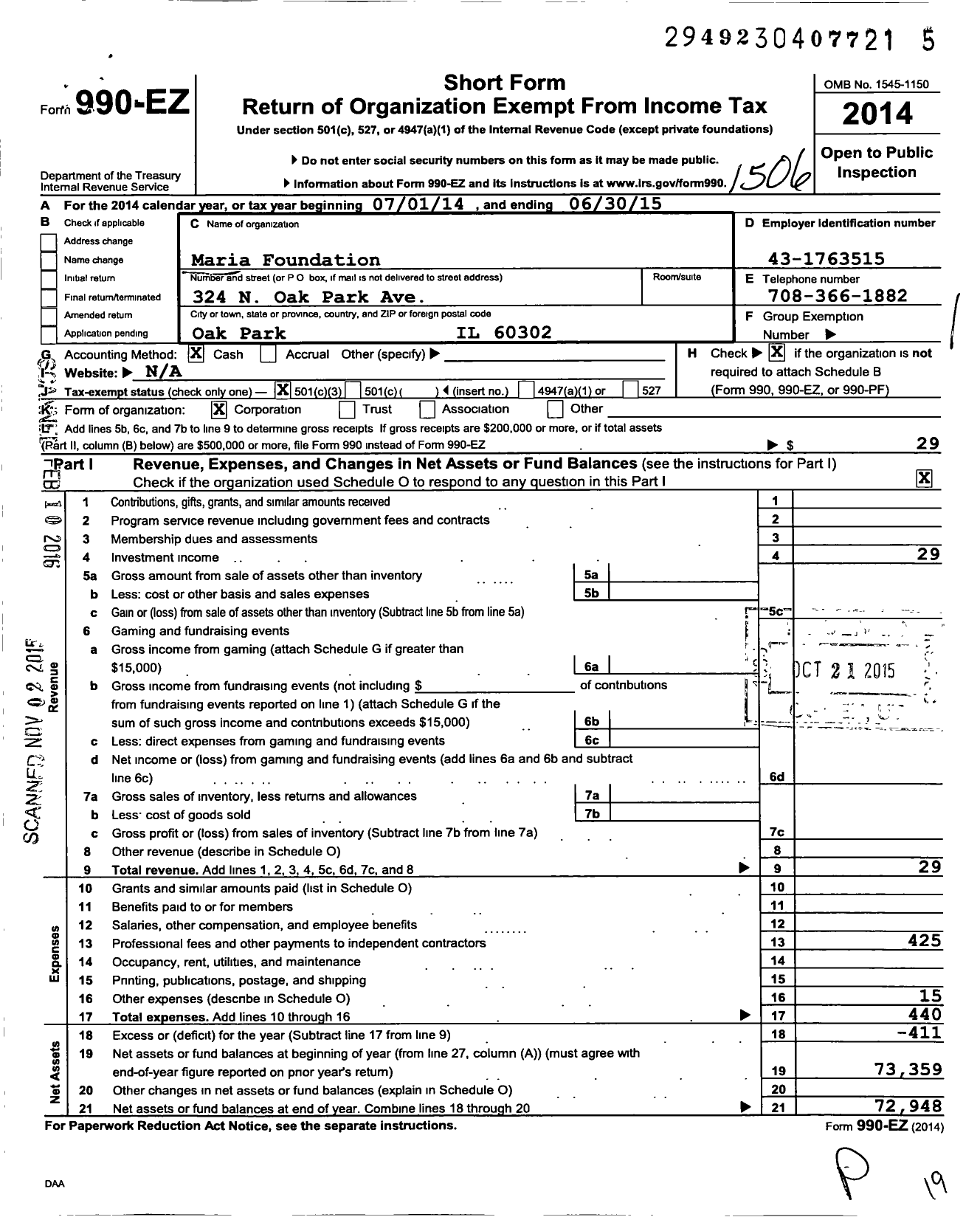 Image of first page of 2014 Form 990EZ for Maria Foundation