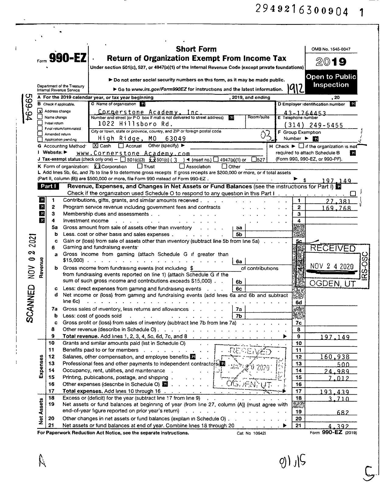 Image of first page of 2019 Form 990EZ for Cornerstone Academy