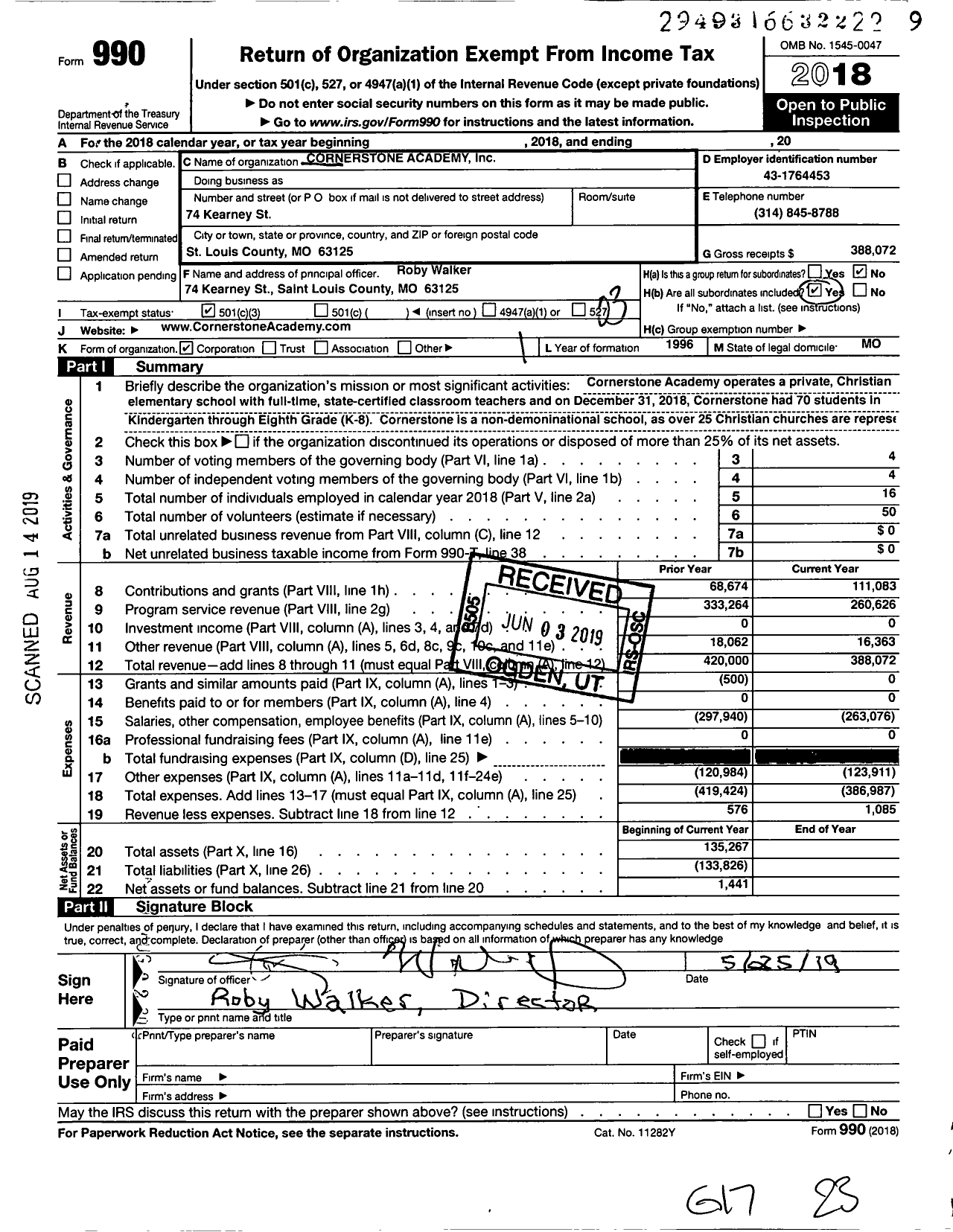 Image of first page of 2018 Form 990 for Cornerstone Academy