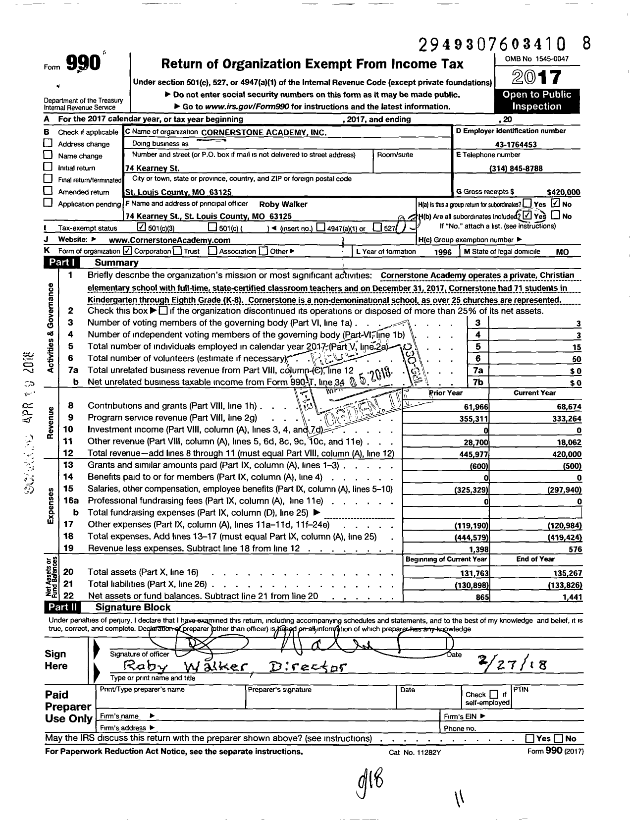 Image of first page of 2017 Form 990 for Cornerstone Academy