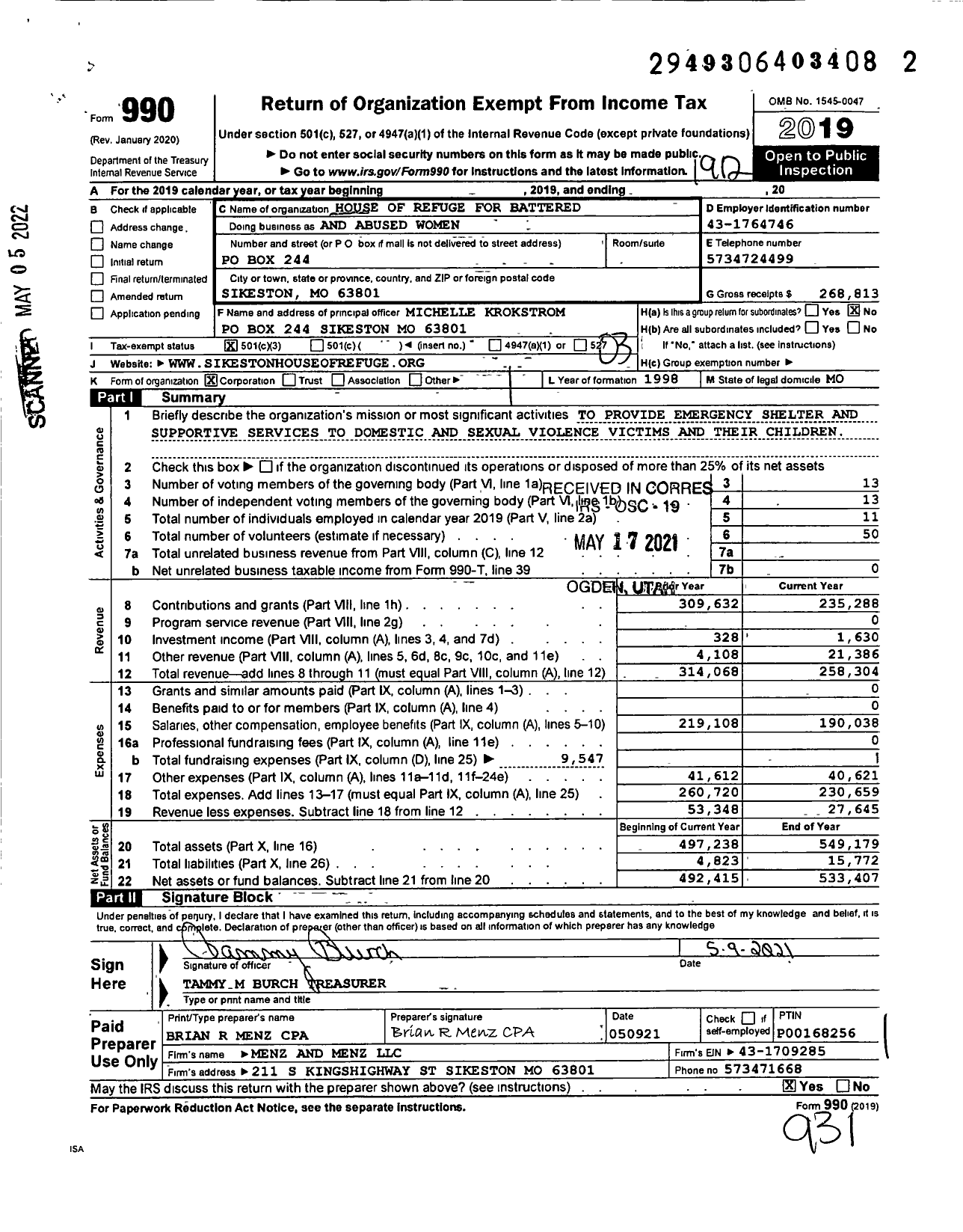 Image of first page of 2019 Form 990 for House of Refuge for Battered and Abused Women