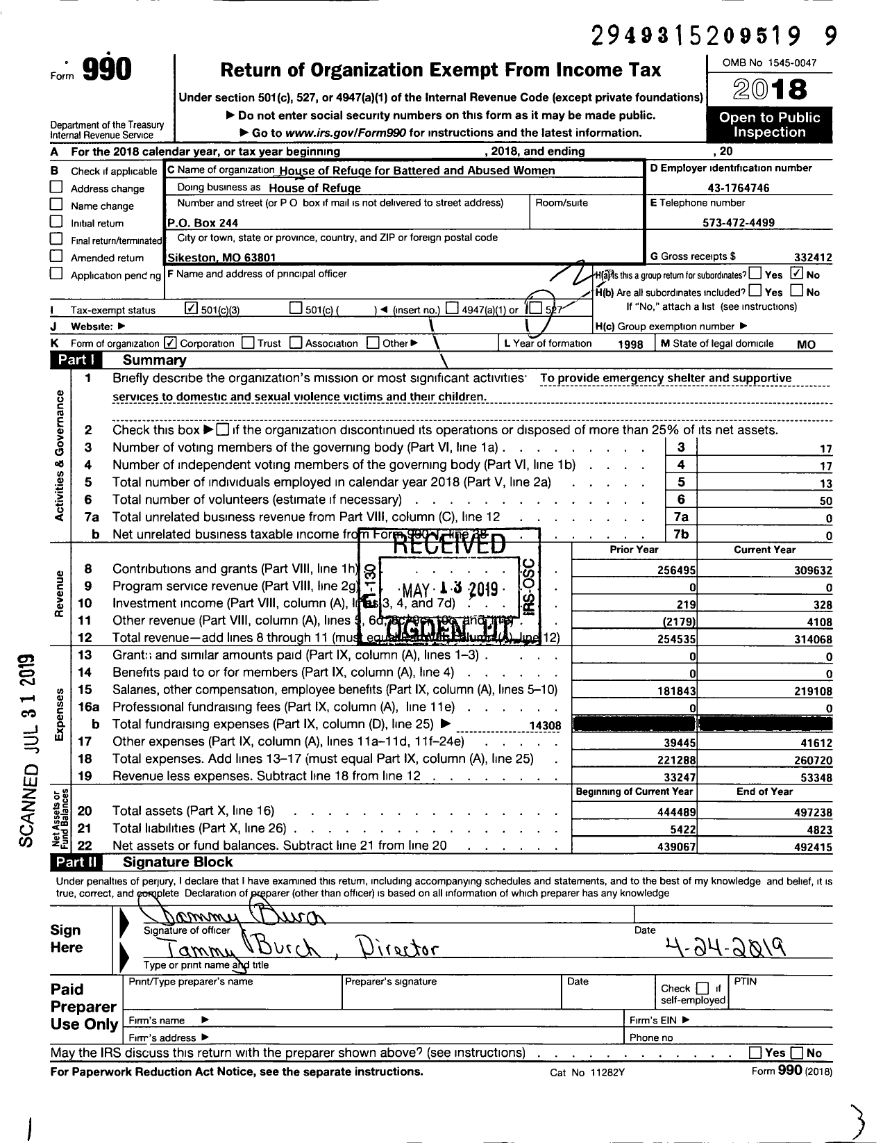 Image of first page of 2018 Form 990 for House of Refuge for Battered and Abused Women