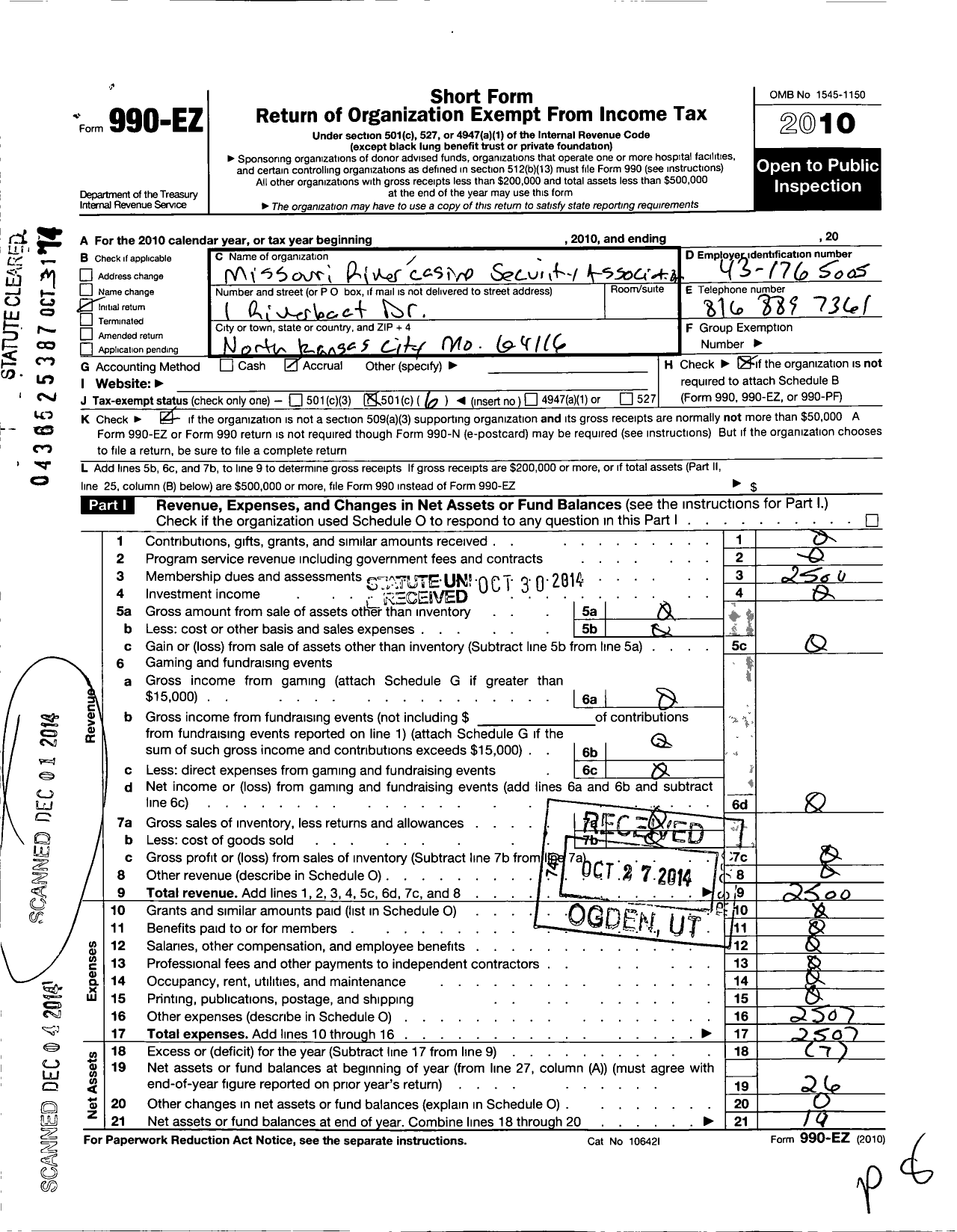 Image of first page of 2010 Form 990EO for Missouri Kansas Casino Security Surveillance Association