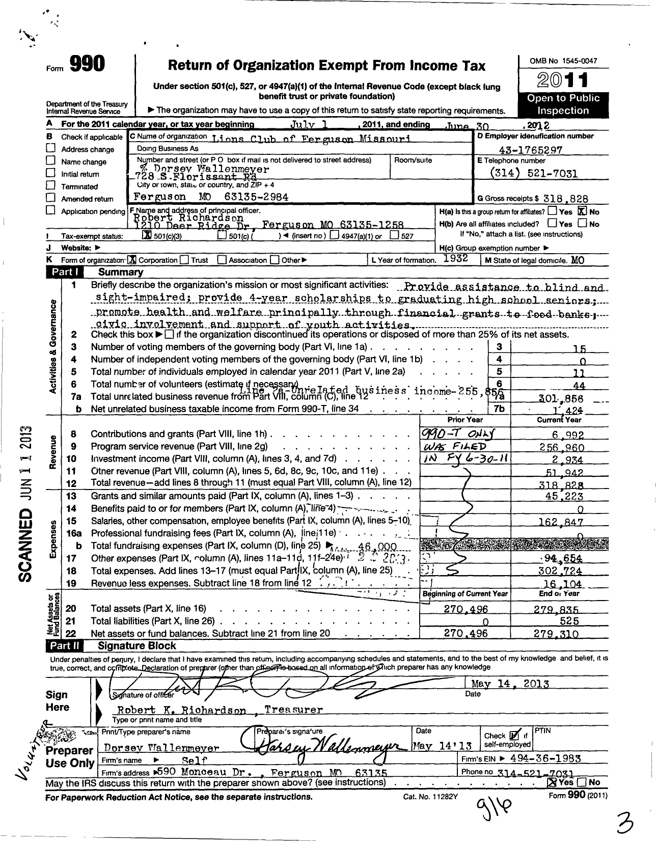 Image of first page of 2011 Form 990 for Lions Club of Ferguson Missouri Charity Fund