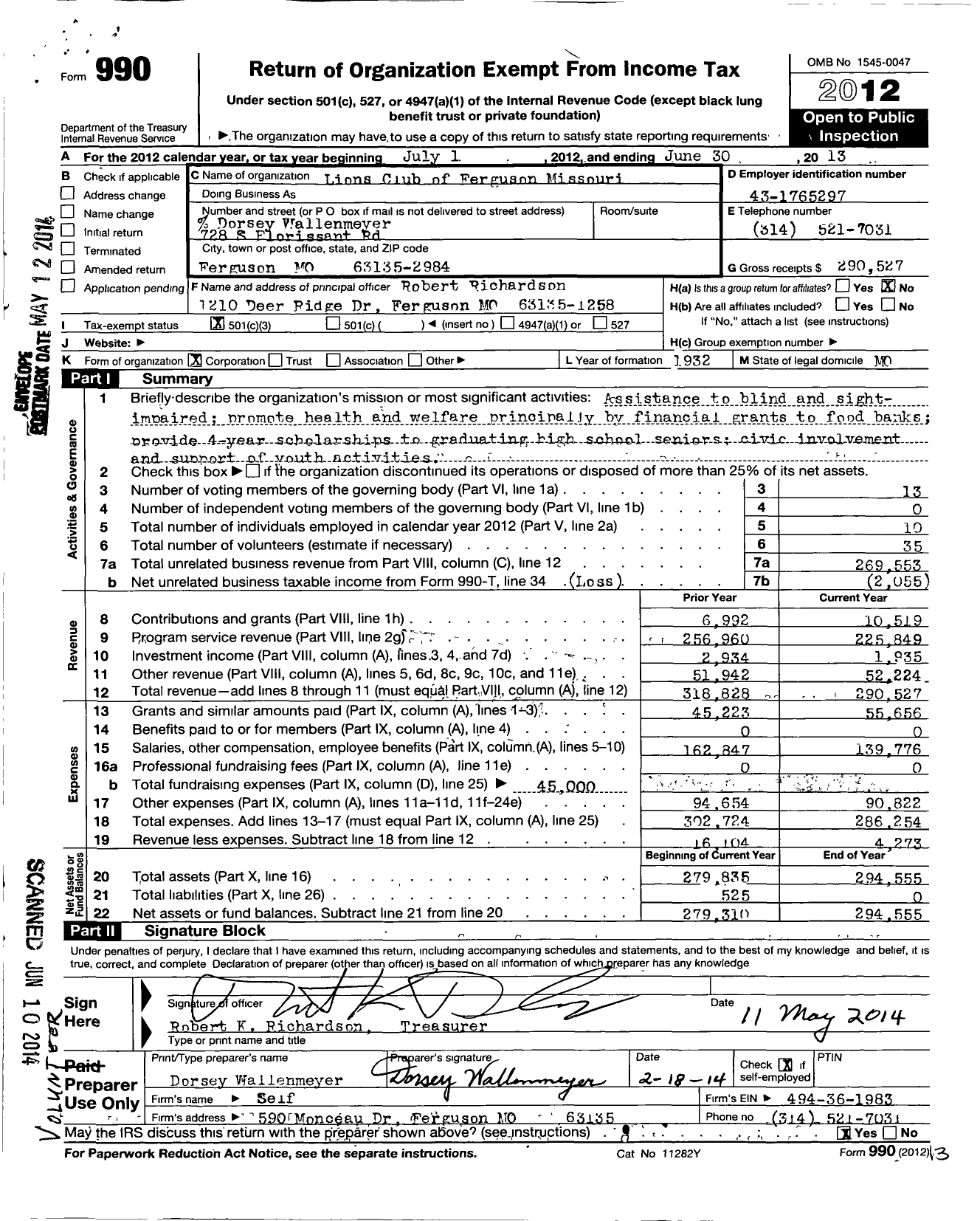 Image of first page of 2012 Form 990 for Lions Club of Ferguson Missouri Charity Fund