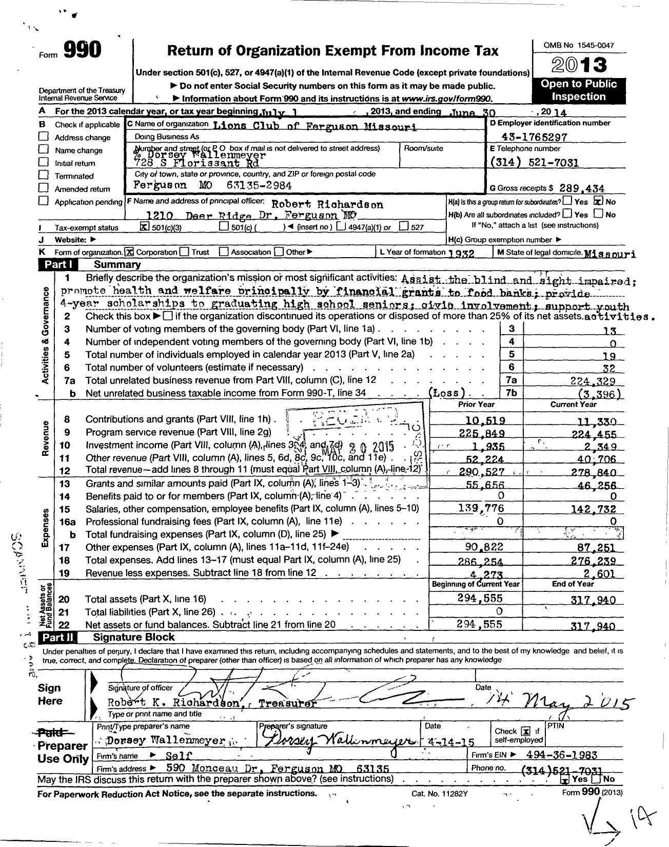 Image of first page of 2013 Form 990 for Lions Club of Ferguson Missouri Charity Fund