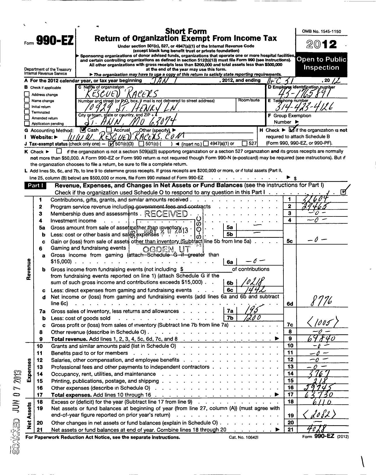 Image of first page of 2012 Form 990EZ for Rescued Racers