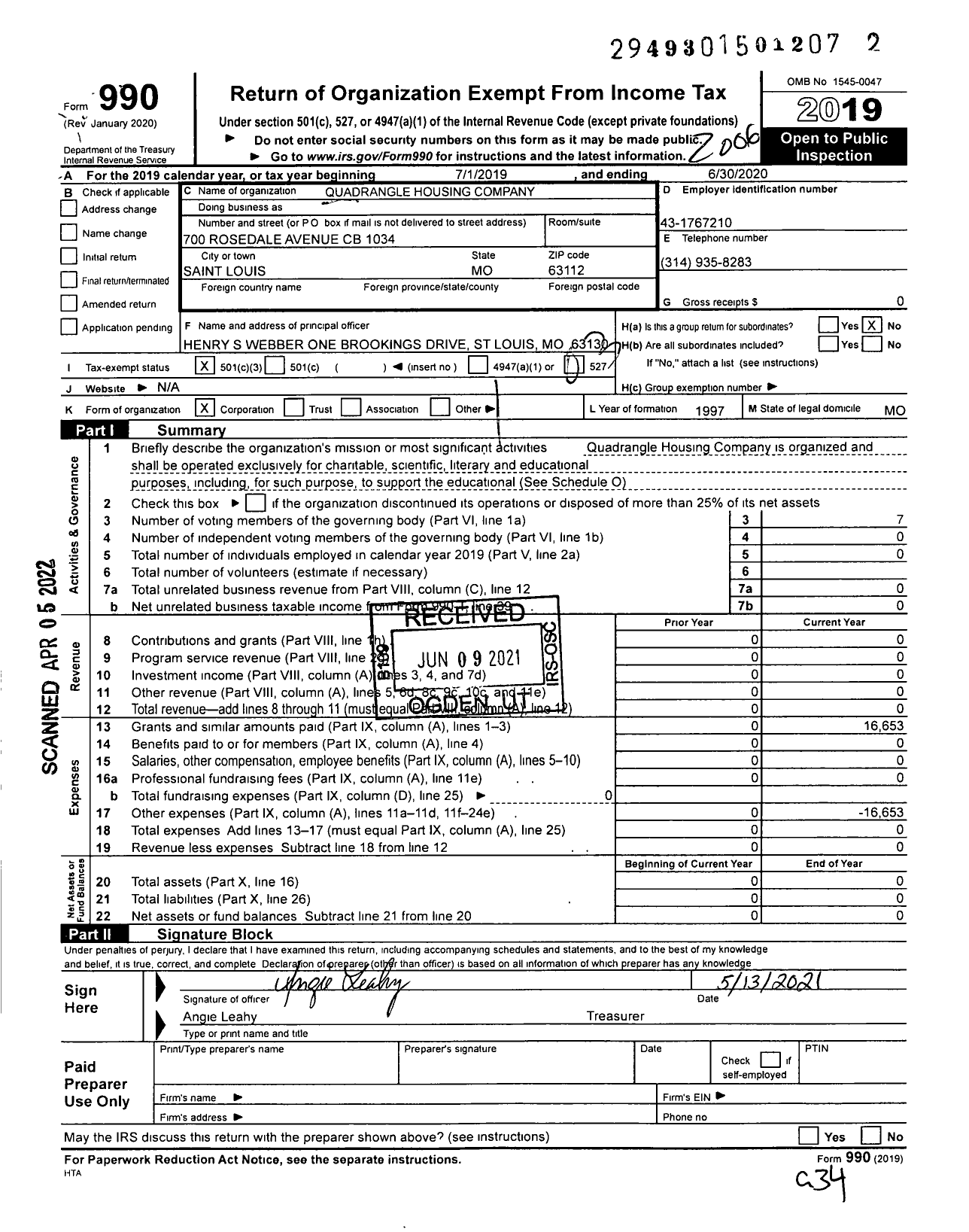 Image of first page of 2019 Form 990 for Quadrangle Housing Company