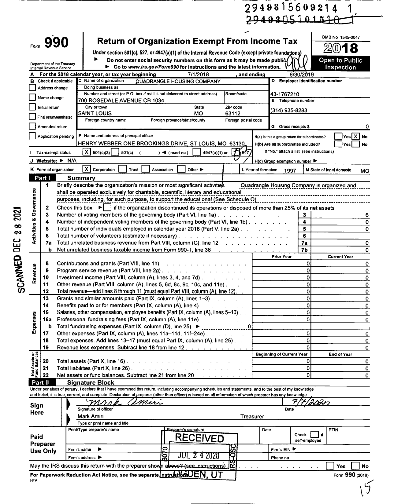 Image of first page of 2018 Form 990 for Quadrangle Housing Company