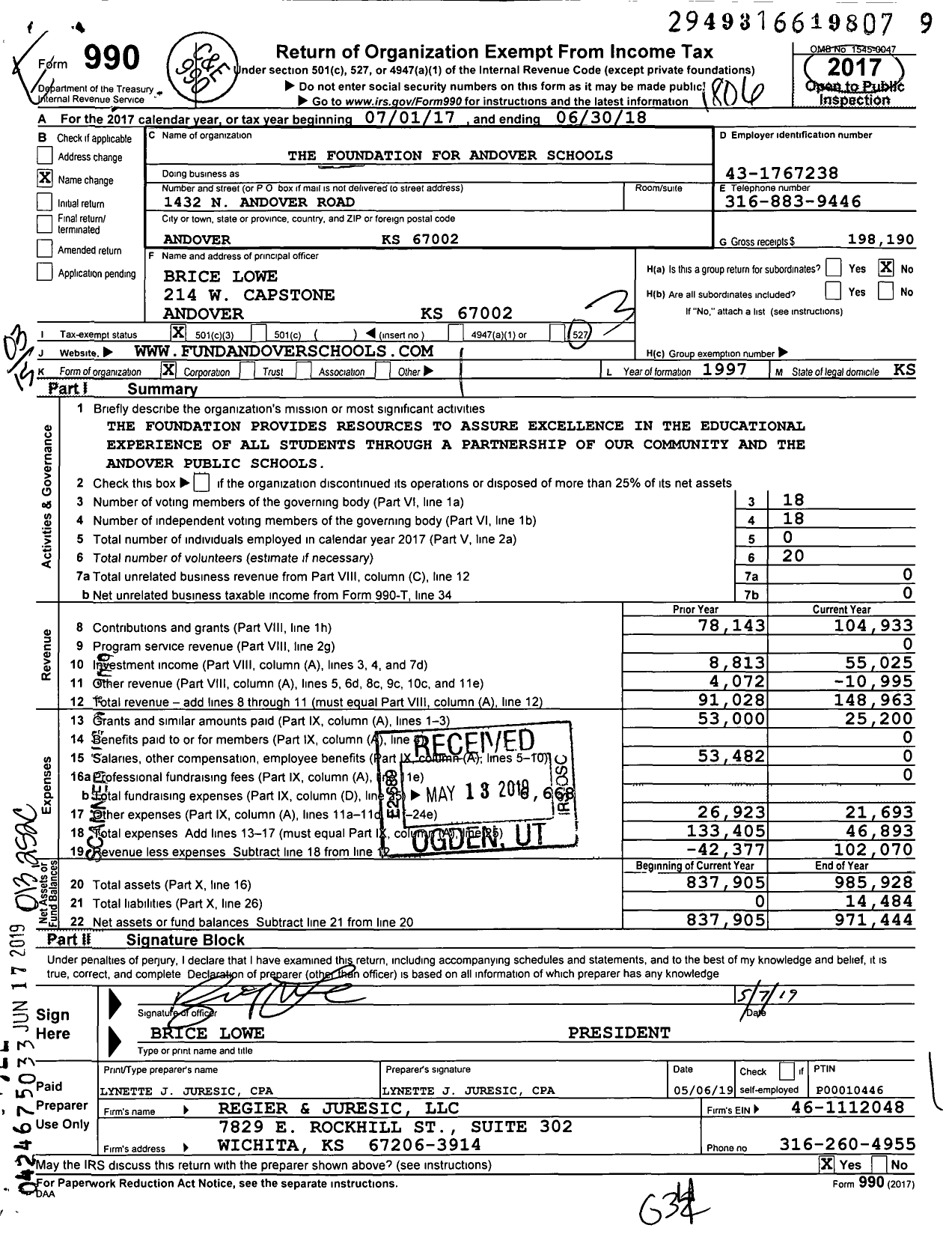 Image of first page of 2017 Form 990 for The Foundation for Andover Schools