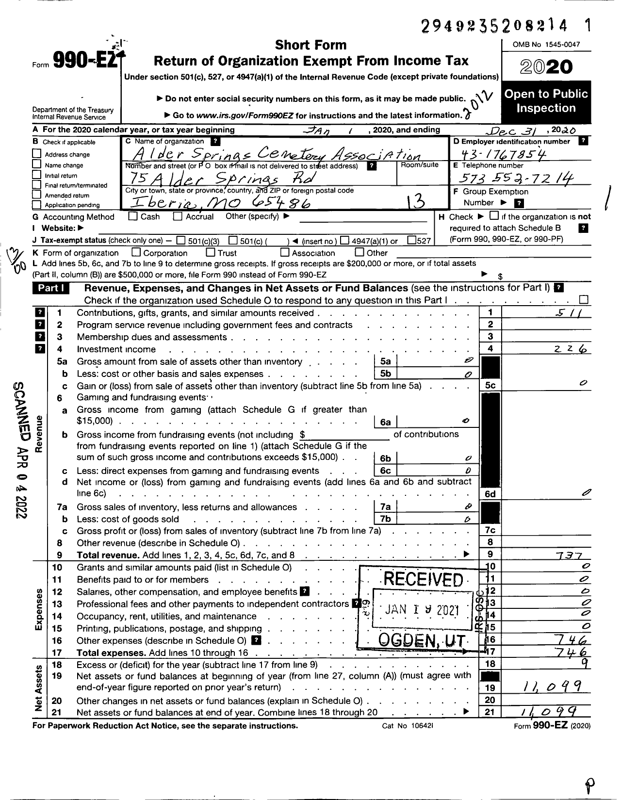 Image of first page of 2020 Form 990EO for Alder Springs Cemetary Association