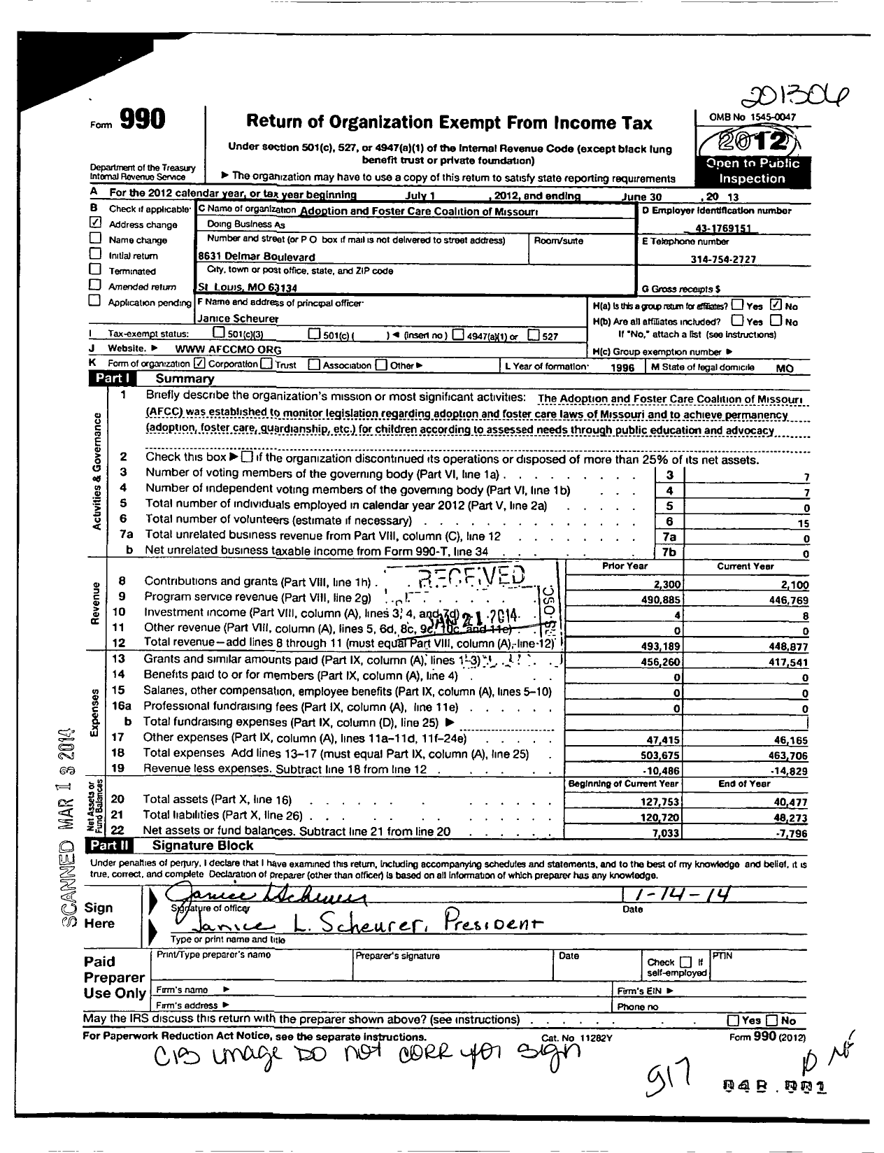 Image of first page of 2012 Form 990O for Adoption and Foster Care Coalition of Missouri