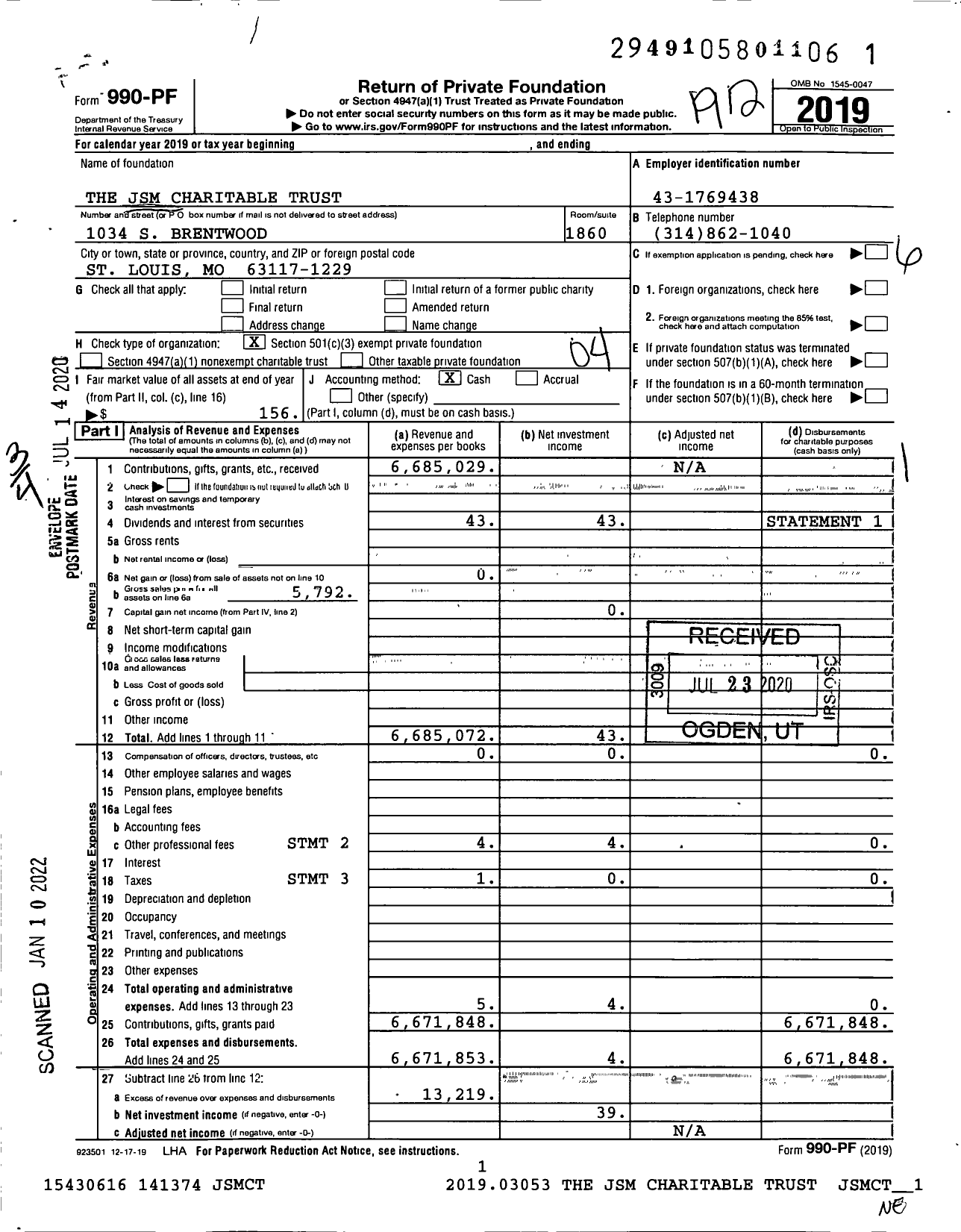 Image of first page of 2019 Form 990PF for The JSM Charitable Trust