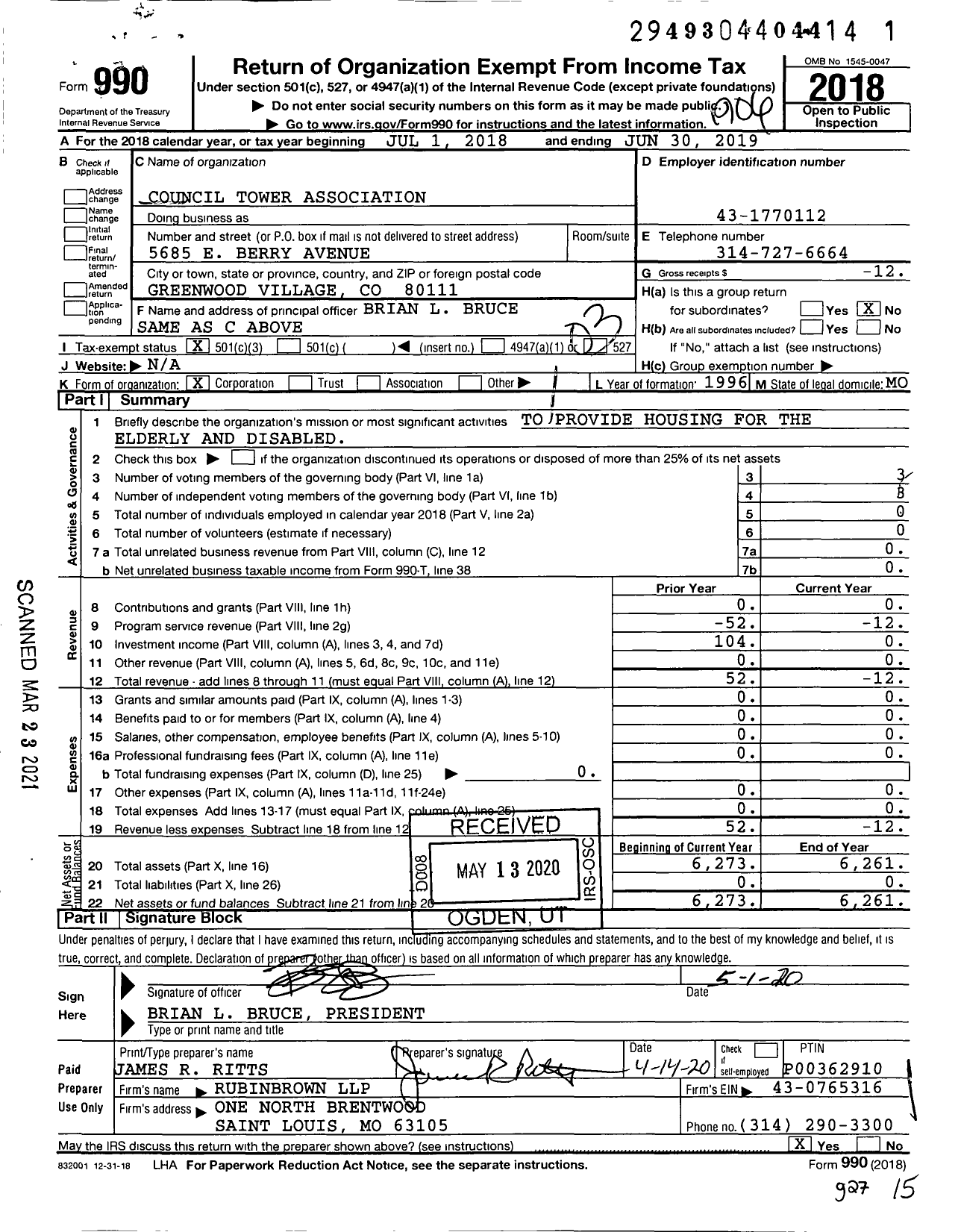 Image of first page of 2018 Form 990 for Council Tower Association