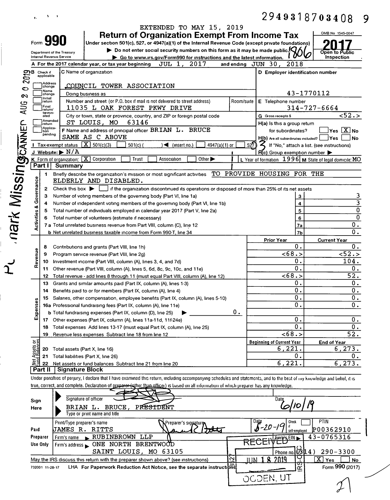 Image of first page of 2017 Form 990 for Council Tower Association