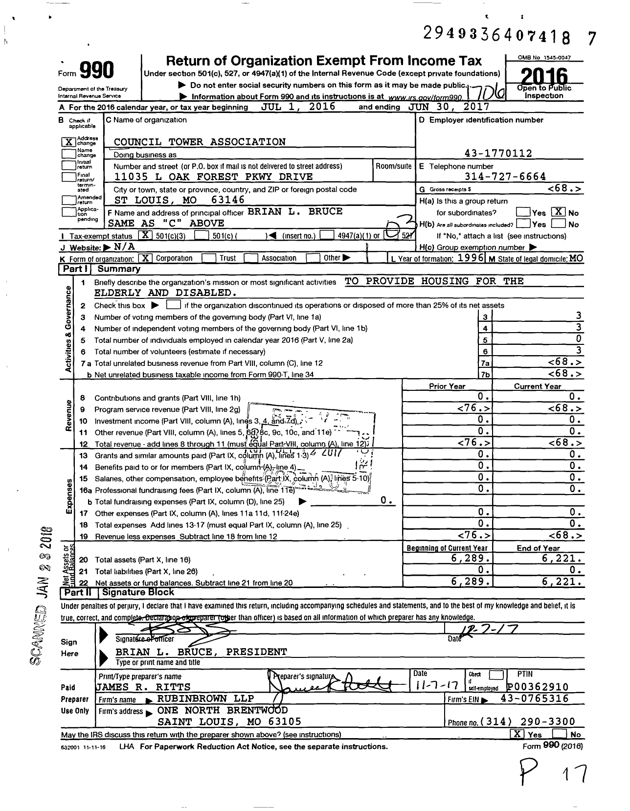 Image of first page of 2016 Form 990 for Council Tower Association