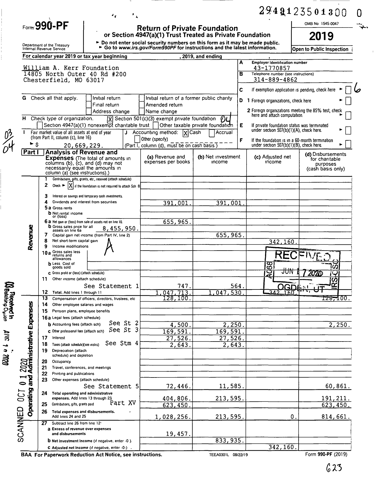 Image of first page of 2019 Form 990PR for William A Kerr Foundation