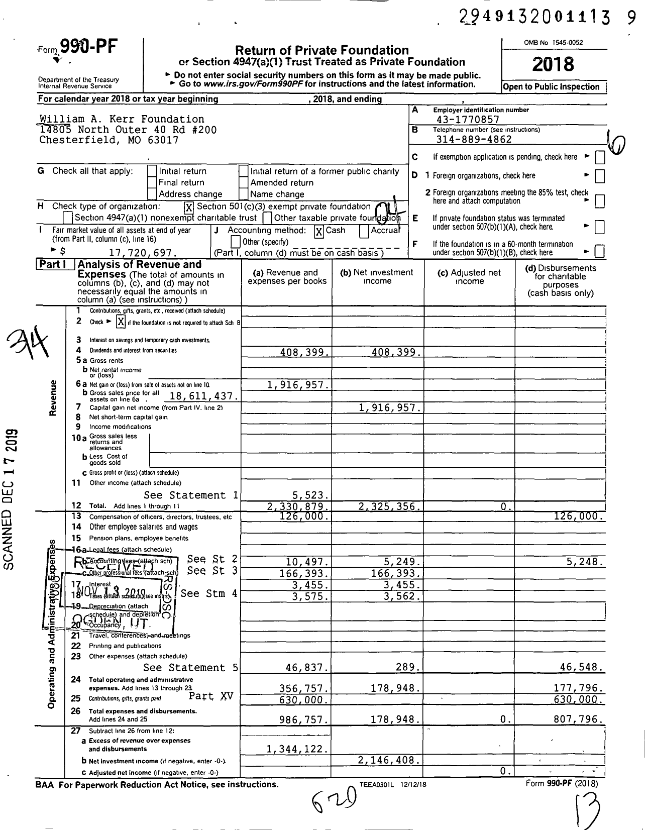 Image of first page of 2018 Form 990PF for William A Kerr Foundation