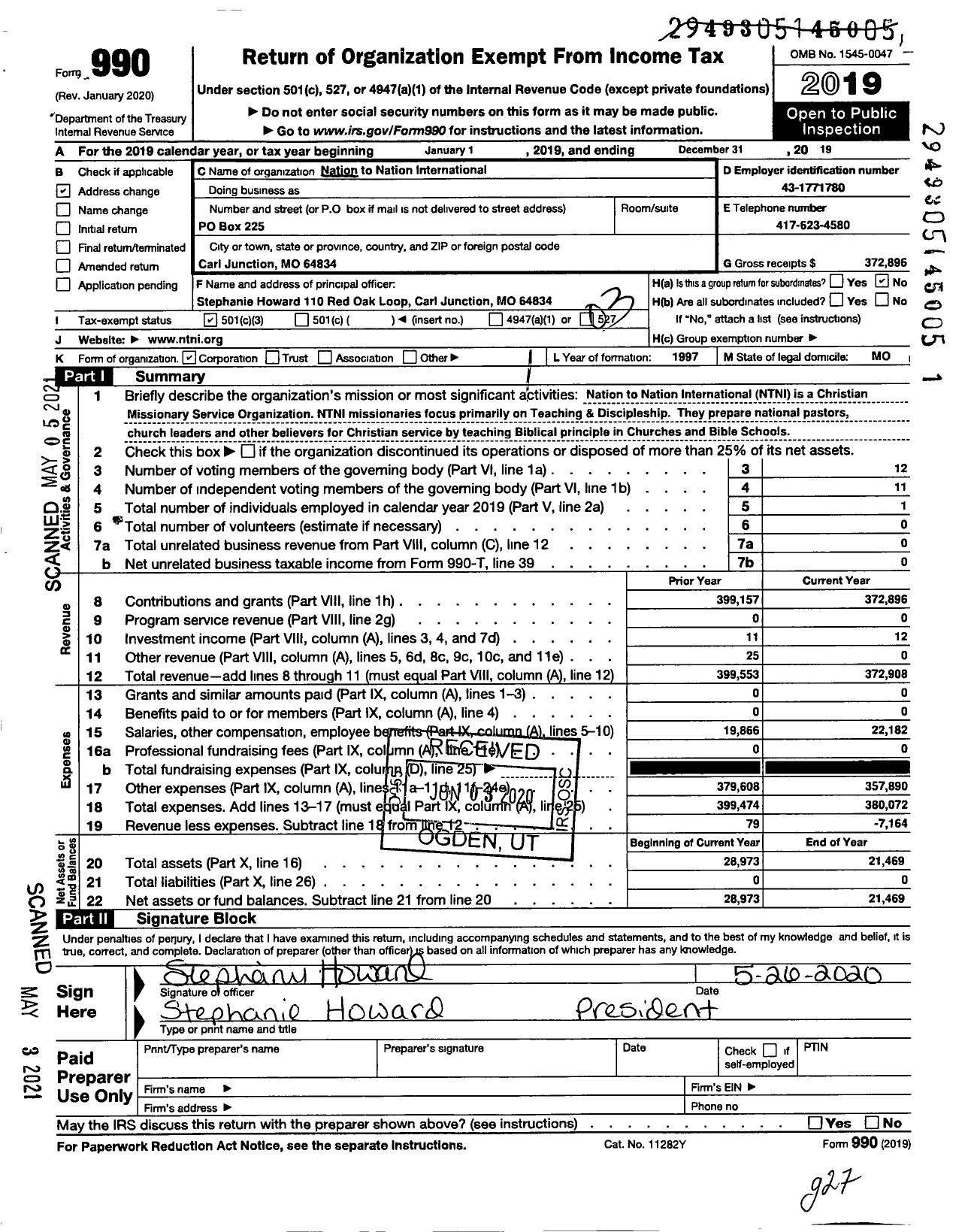 Image of first page of 2019 Form 990 for Nation To Nation International