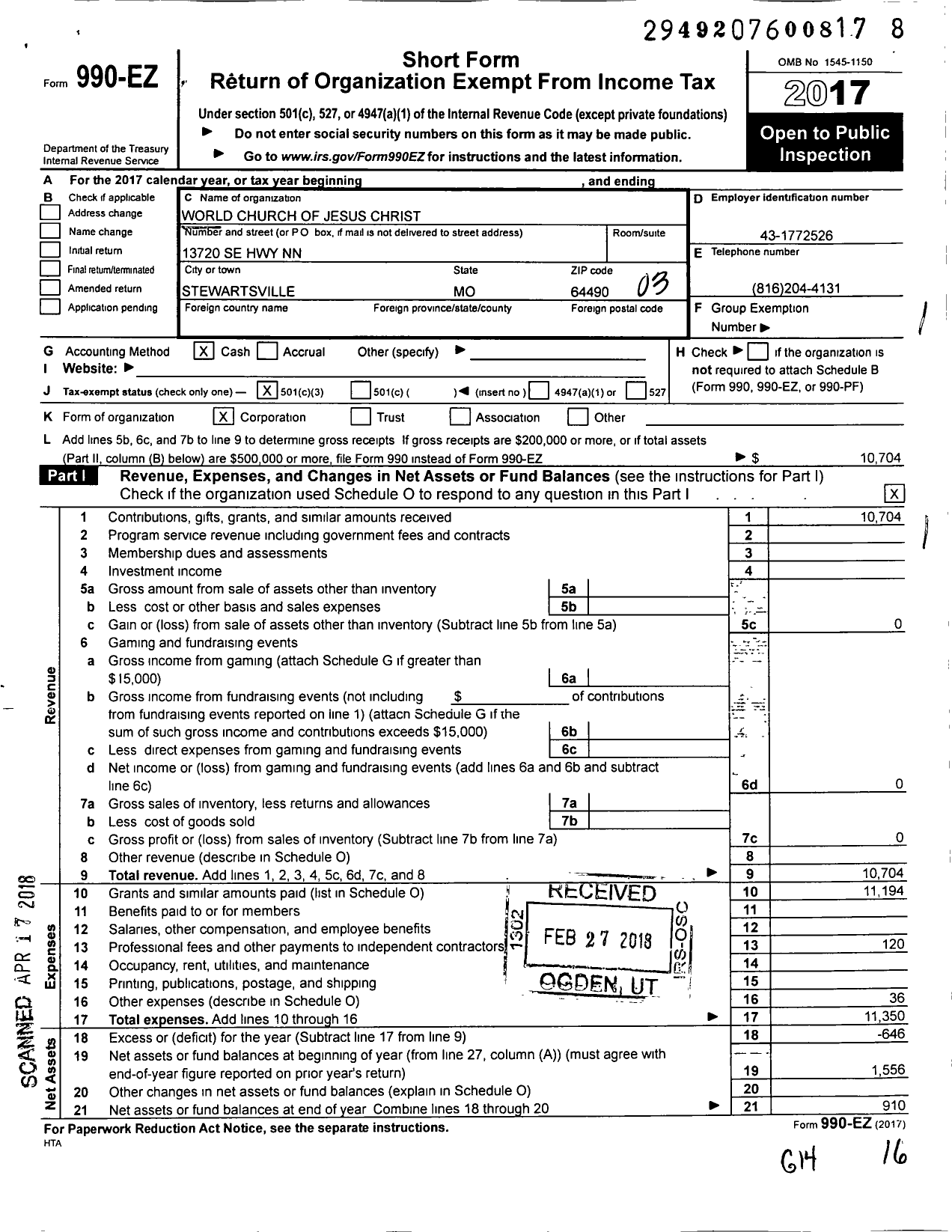 Image of first page of 2017 Form 990EZ for World Church of Jesus Christ