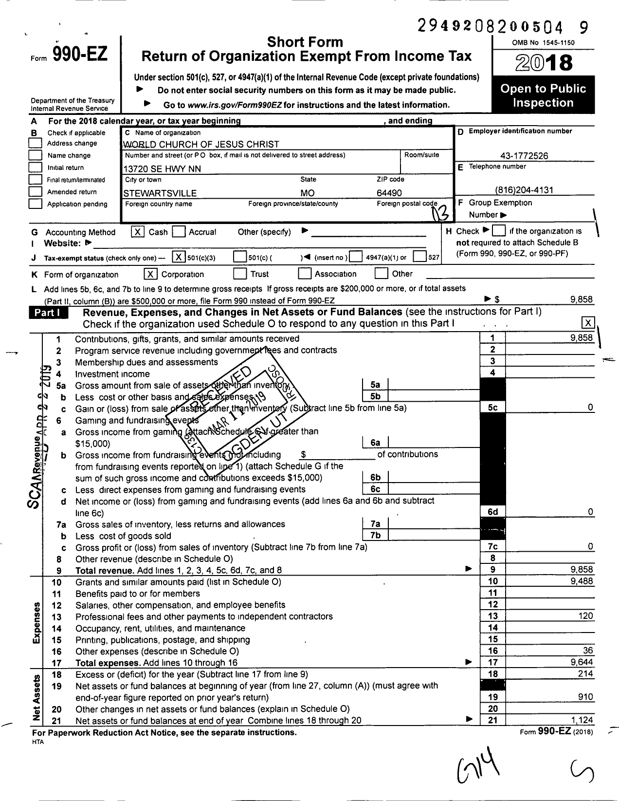 Image of first page of 2018 Form 990EZ for World Church of Jesus Christ