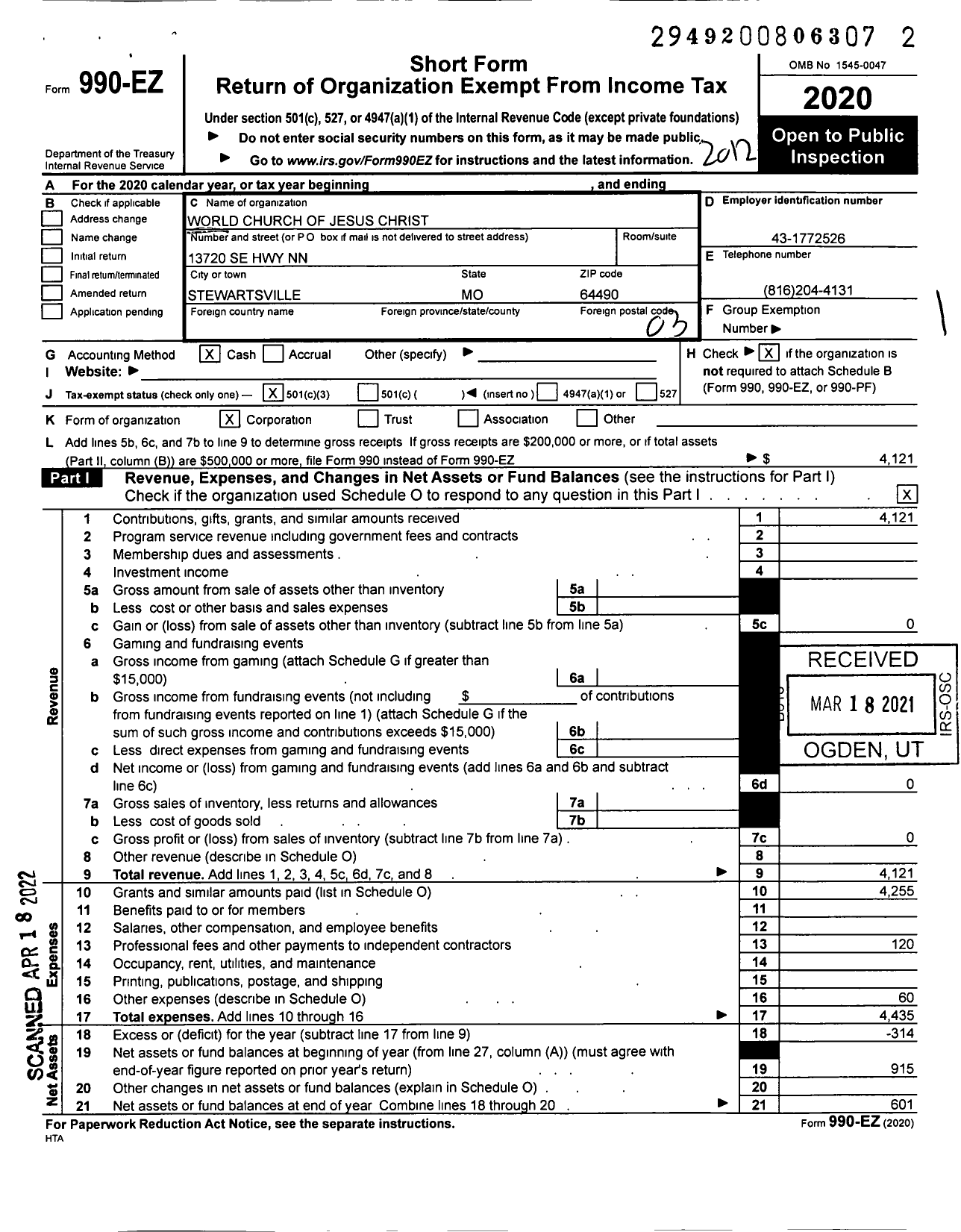 Image of first page of 2020 Form 990EZ for World Church of Jesus Christ