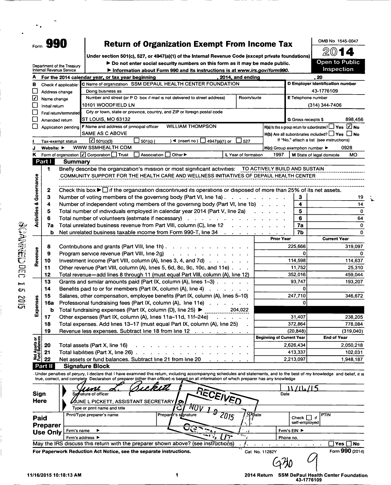 Image of first page of 2014 Form 990 for SSM DePaul Health Center Foundation