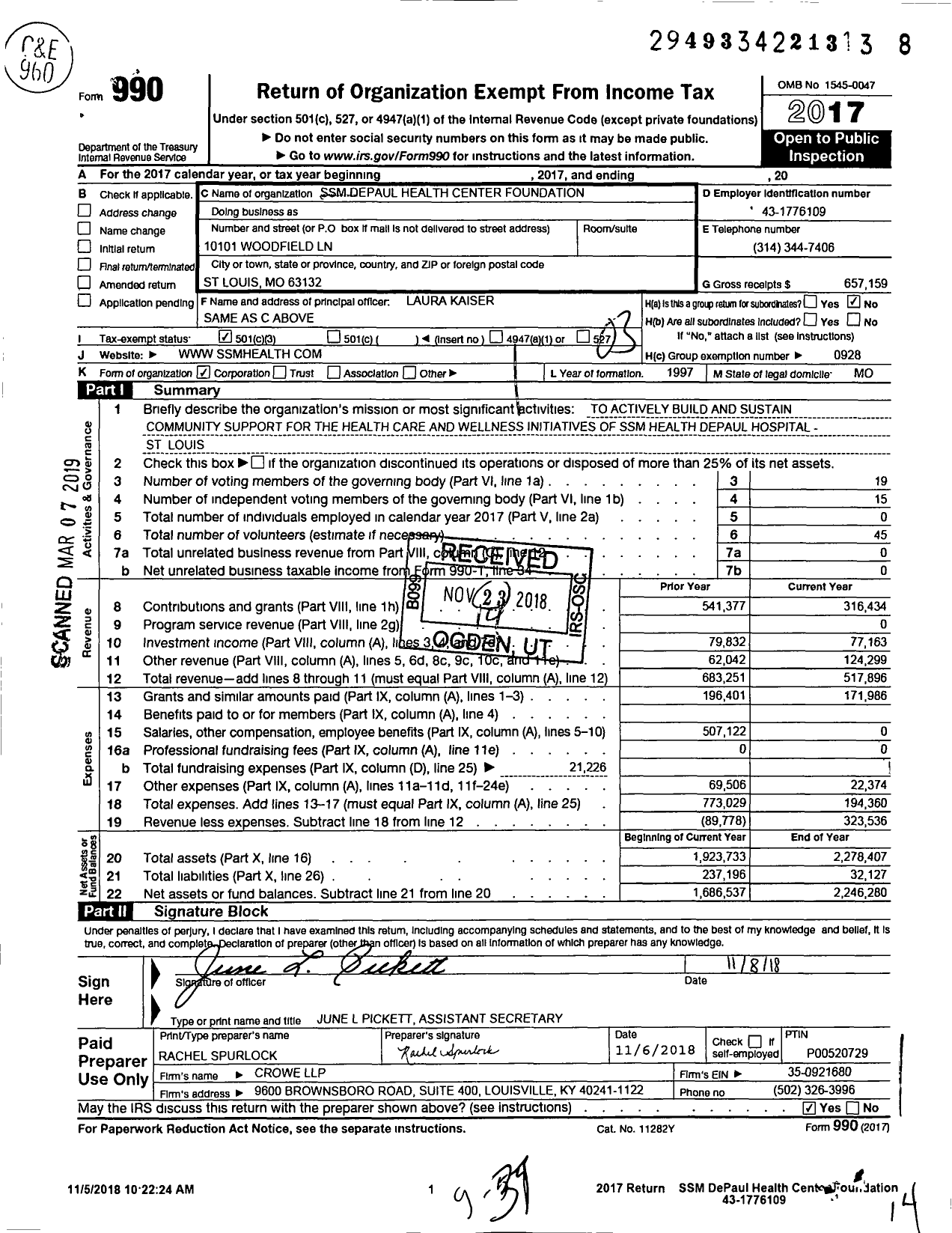 Image of first page of 2017 Form 990 for SSM DePaul Health Center Foundation